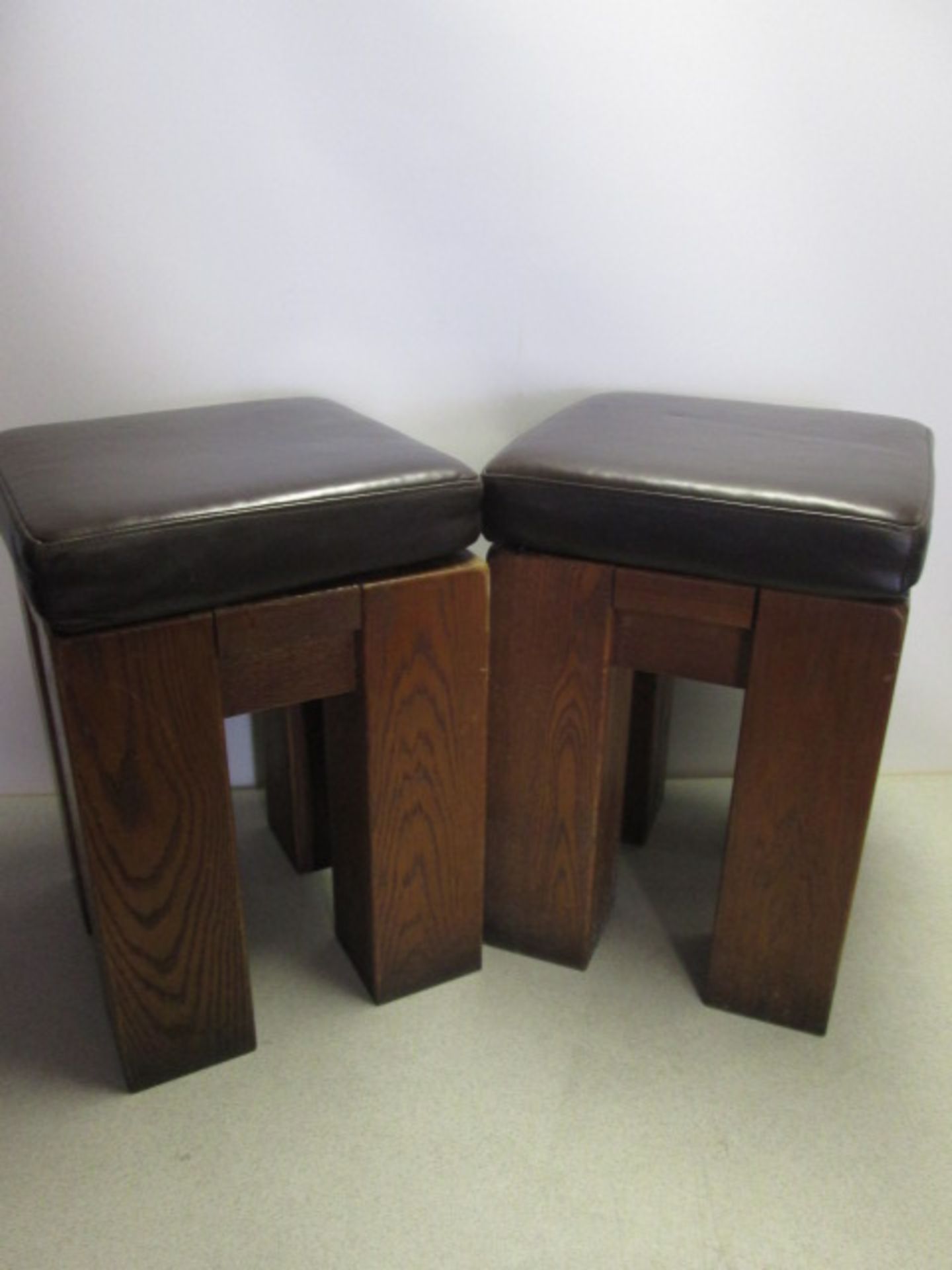 4 x Oak Stools with Brown Faux Leather Padded Detachable Cushions. Size H52cm x W36cm - Image 5 of 7