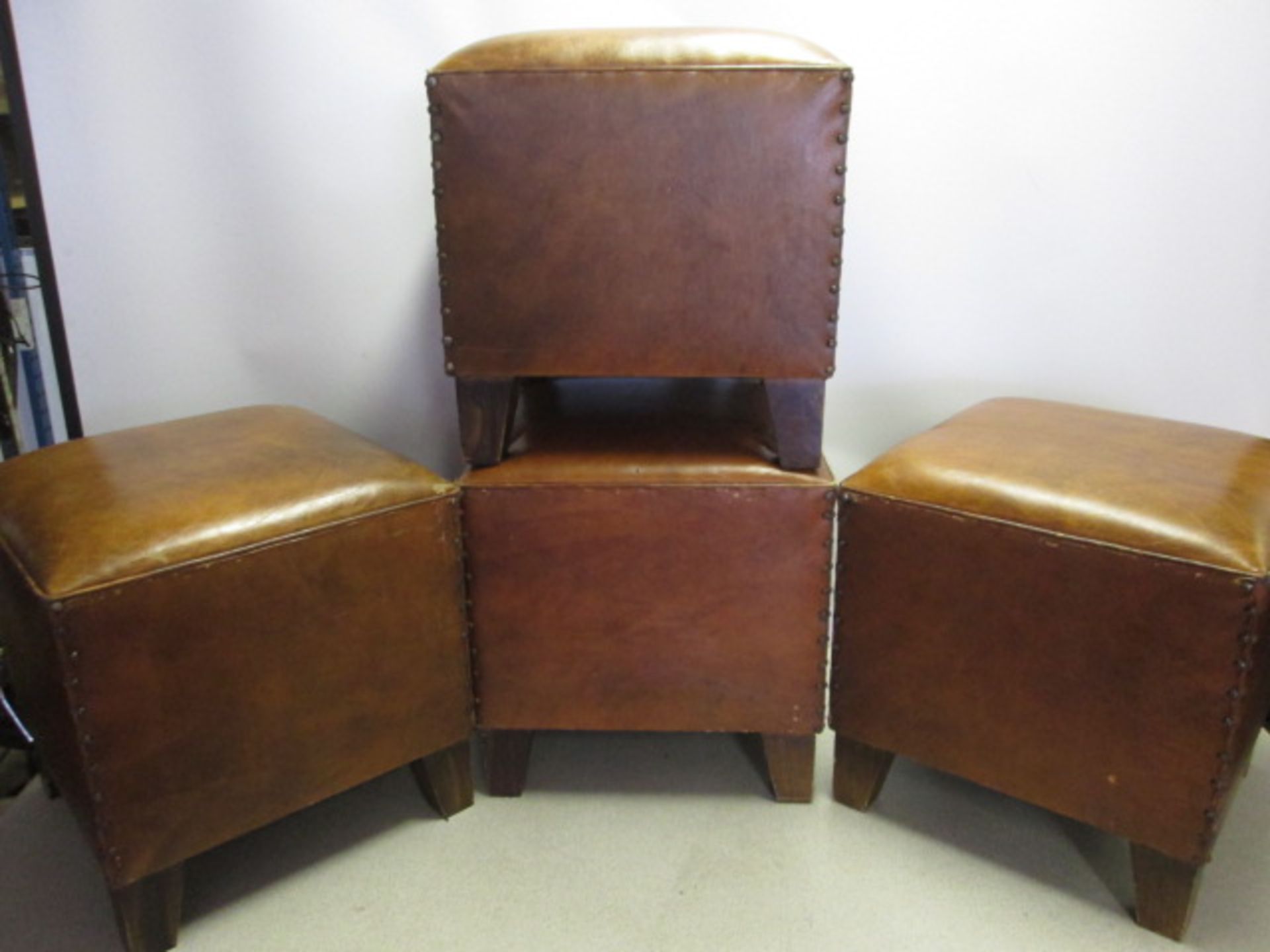 4 x Maisons Du Monde Brown Leather Stools with Padded Seat and Stud Nail Detail To Sides. RRP 119.90