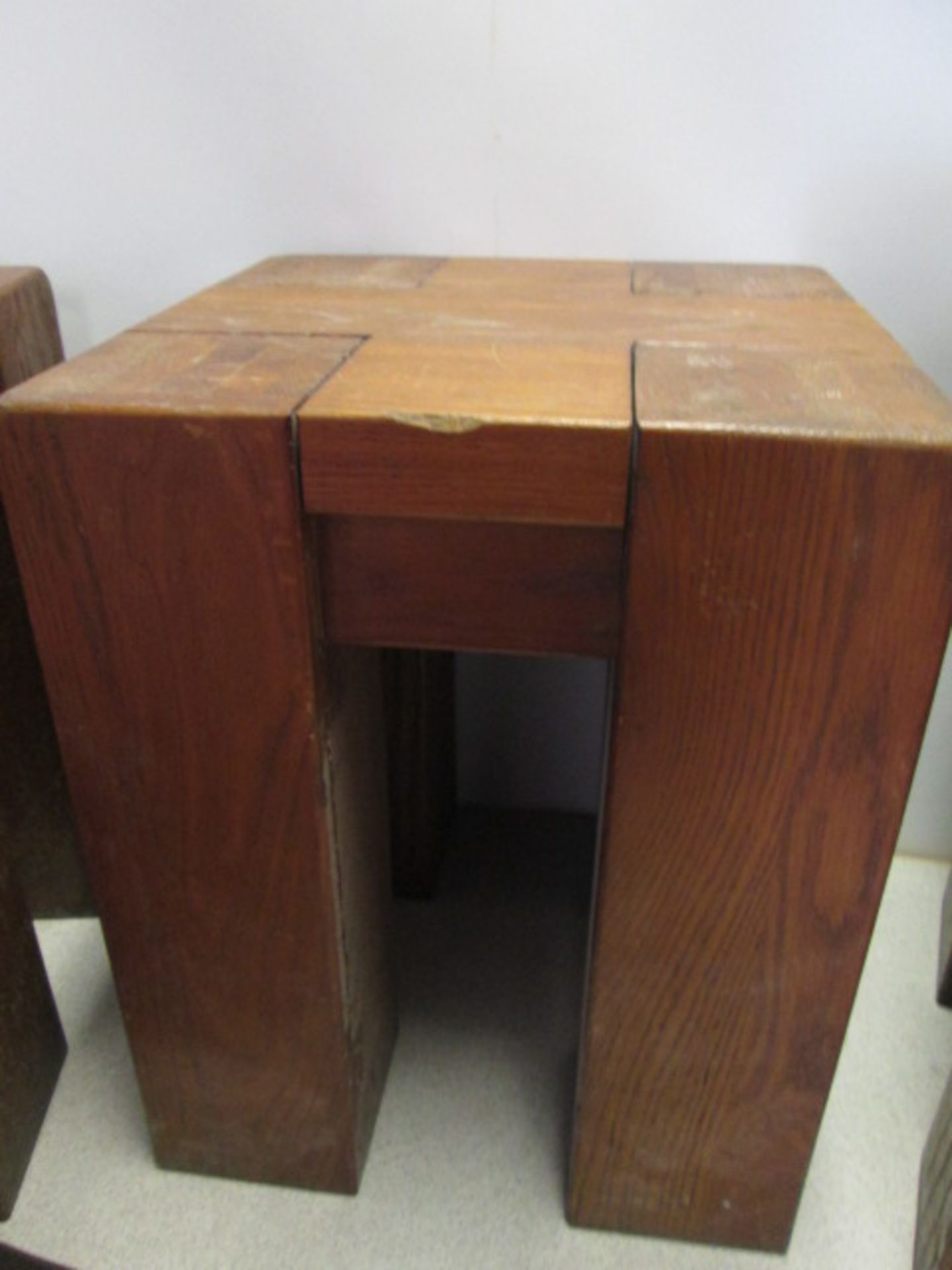 3 x Oak Stools with 2 x Brown Faux Leather Padded Detachable Cushions. Size H52cm x W36cm. (2 Stools - Image 4 of 5