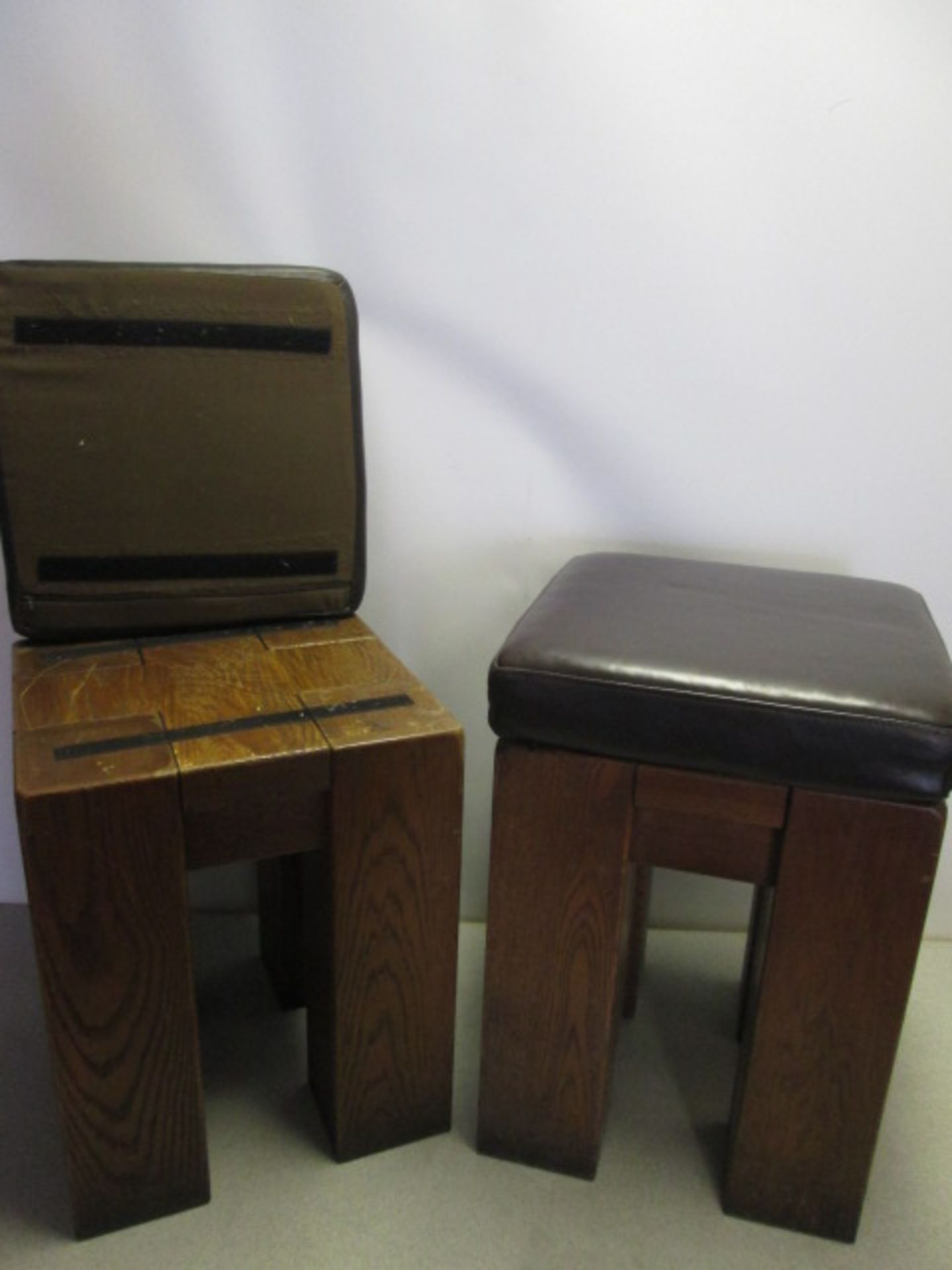 4 x Oak Stools with Brown Faux Leather Padded Detachable Cushions. Size H52cm x W36cm - Image 4 of 7