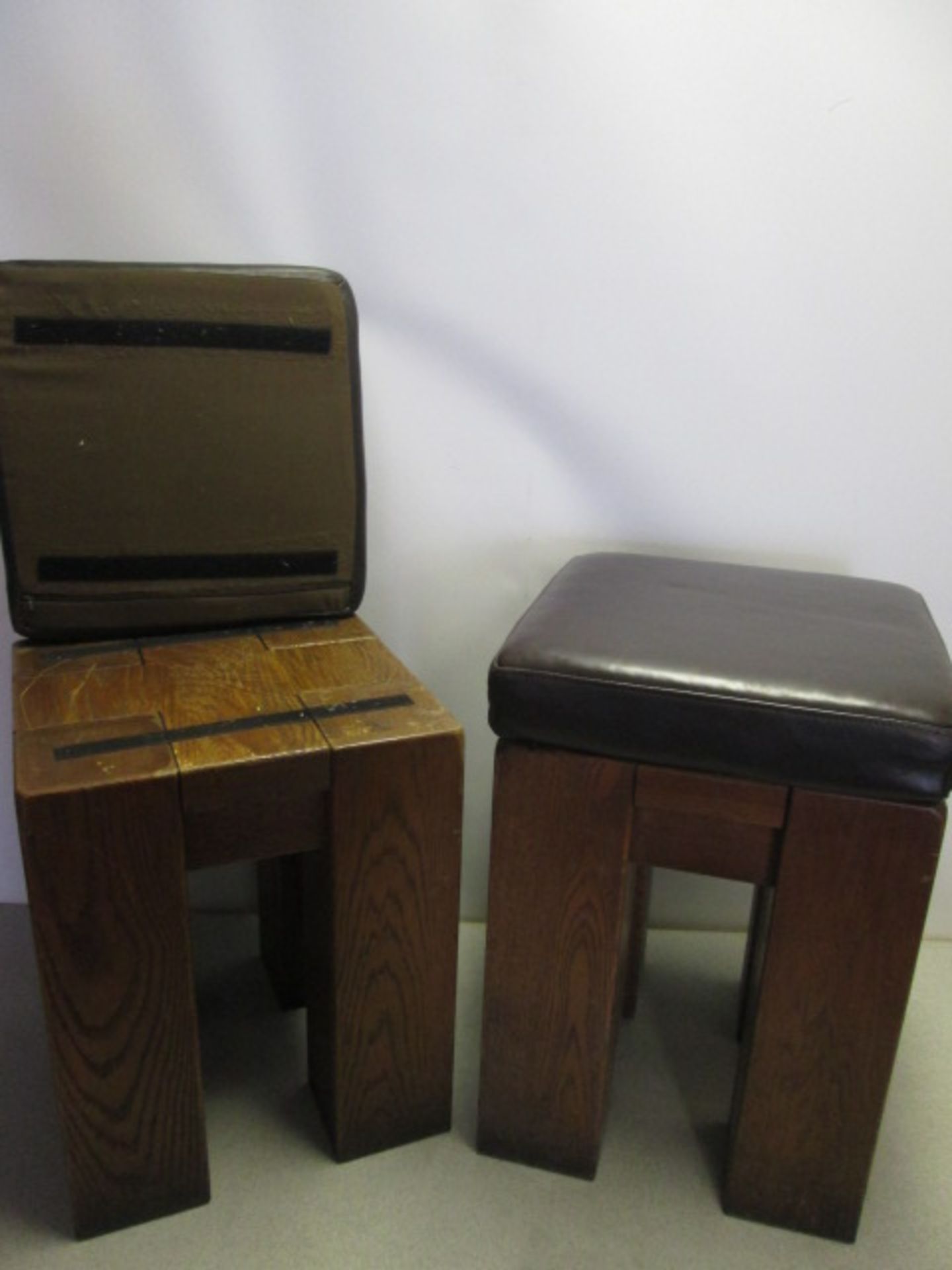 4 x Oak Stools with Brown Faux Leather Padded Detachable Cushions. Size H52cm x W36cm - Image 3 of 7