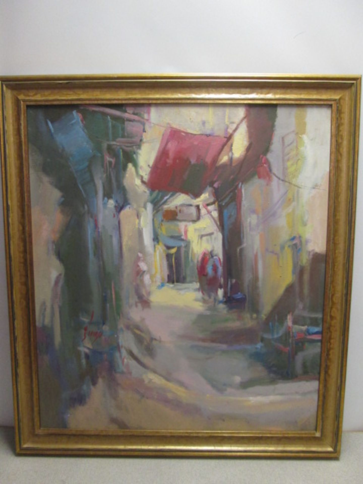 Original Artwork on Canvas, Depicting Middle Eastern Suk Market, Signed by Artist as Pictured in