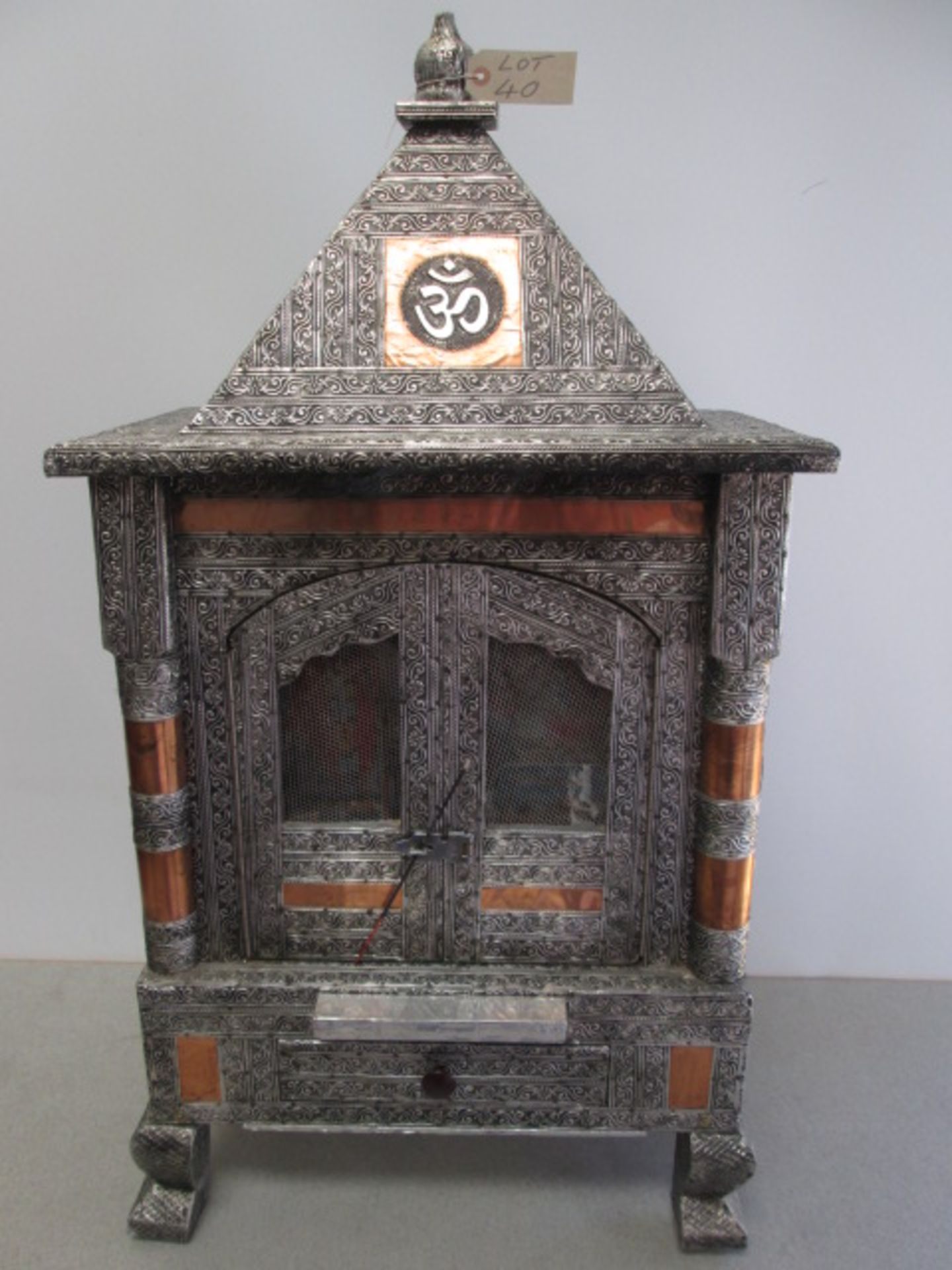 Hindu Daily Prayer Table Temple in Oxidised Copper with 56 Packs of Incense. Size 40" H x 22"W x