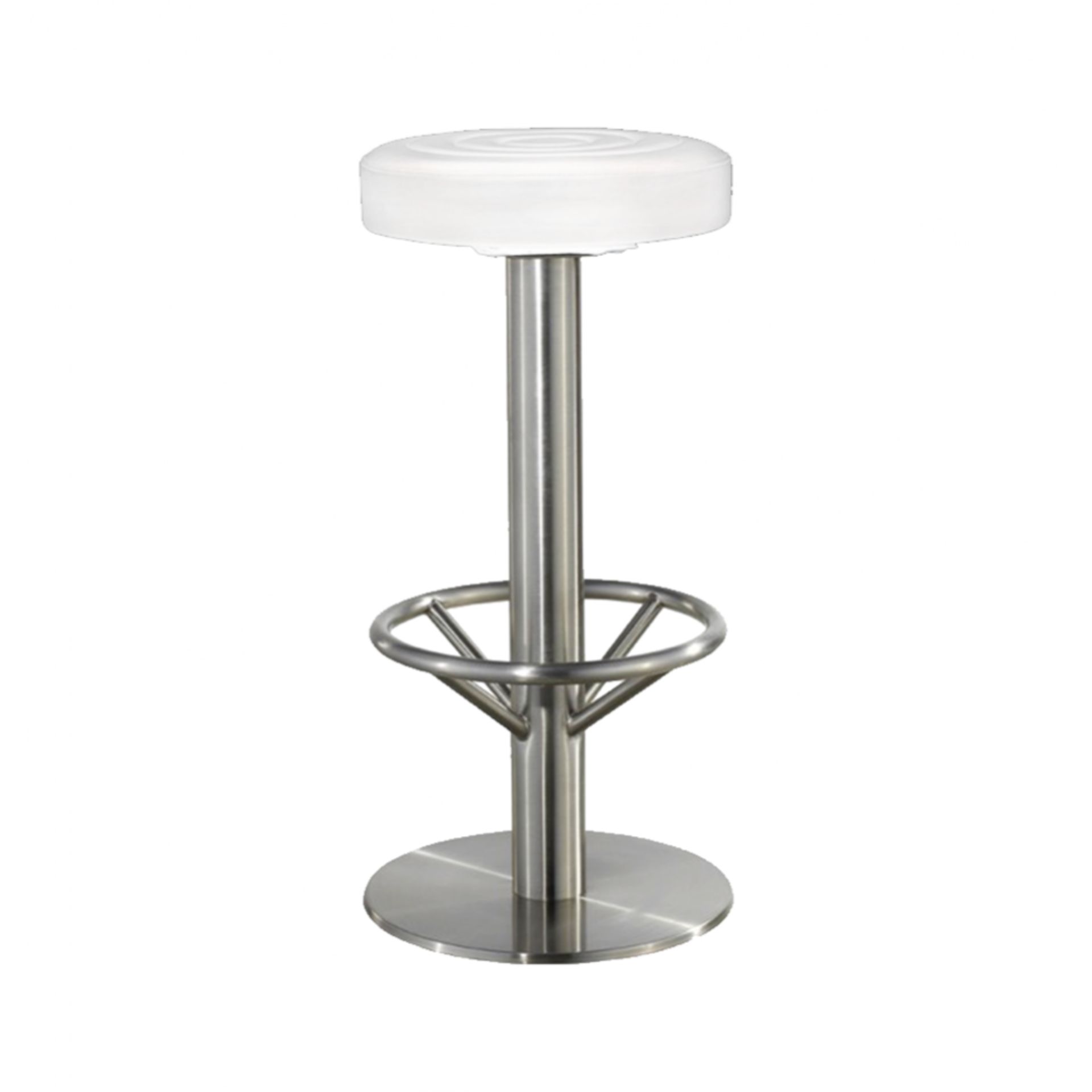 New/Boxed: Galvin- RF Bar Stool in Brushed Stainless Steel & White Faux Leather Padded Seat. Model