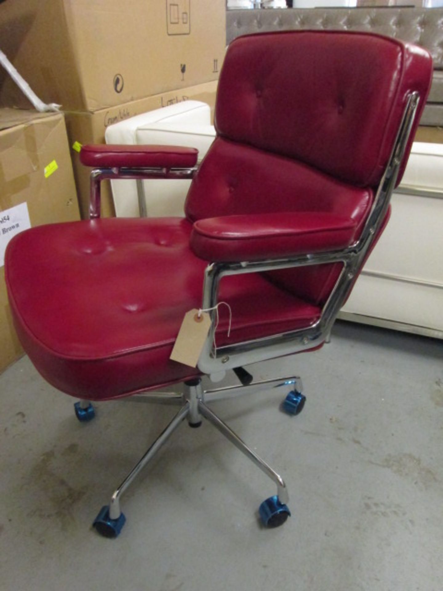 Boxed /As New - Eames Style Lobby Chair in Dark Red Analine Leather & Stainless Steel Office - Image 2 of 2