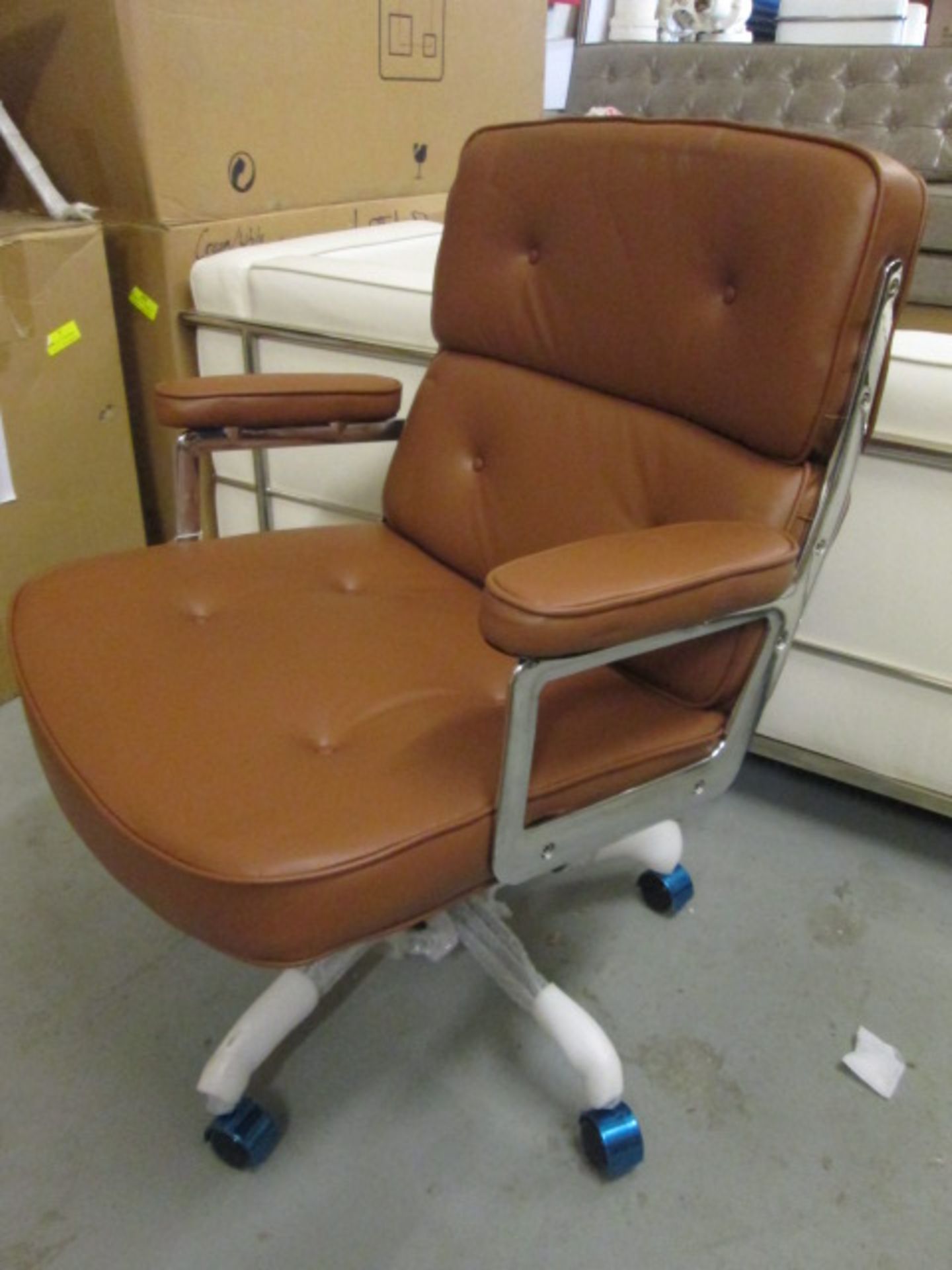 Ex-Display/As New - Eames Style Lobby Chair in Tan Leather & Stainless Steel Office Chair (Model