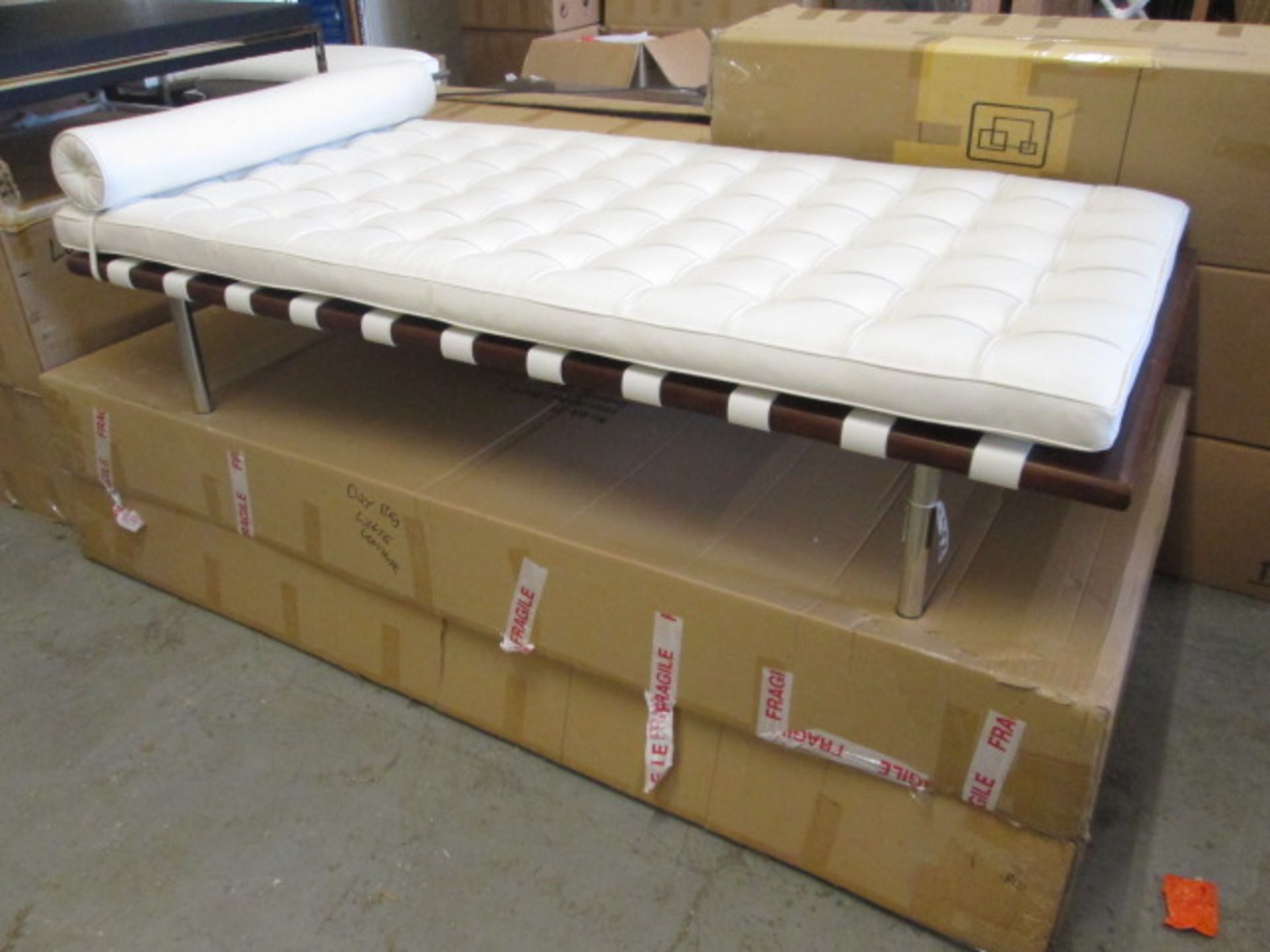 Boxed/As New - Daybed with Rosewood Frame on Chrome Legs & Leather Slats, Cream Leather Button