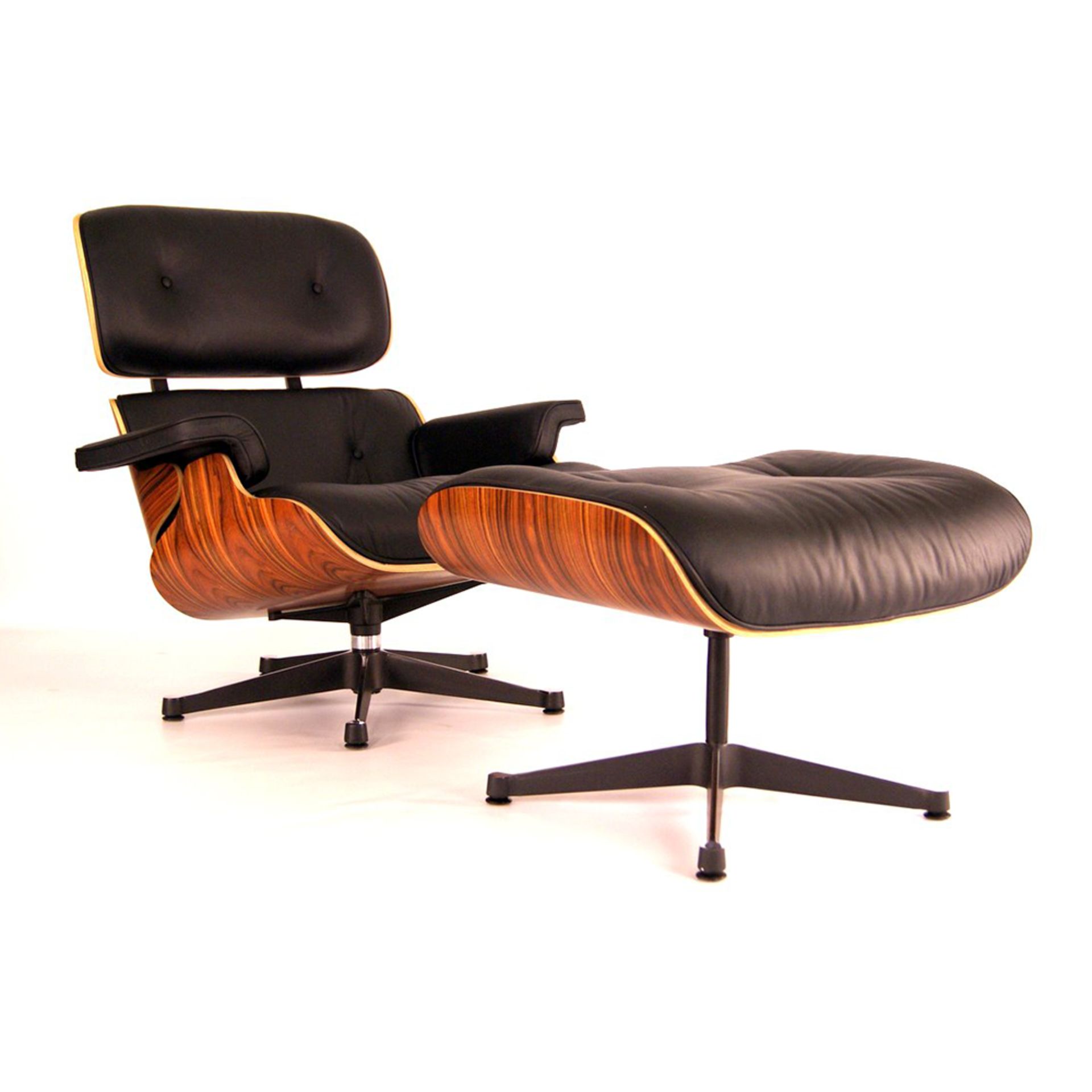 Boxed/As New - Eames Style Lounger Chair & Ottoman in Black Leather & Rosewood Model TS-A2071.