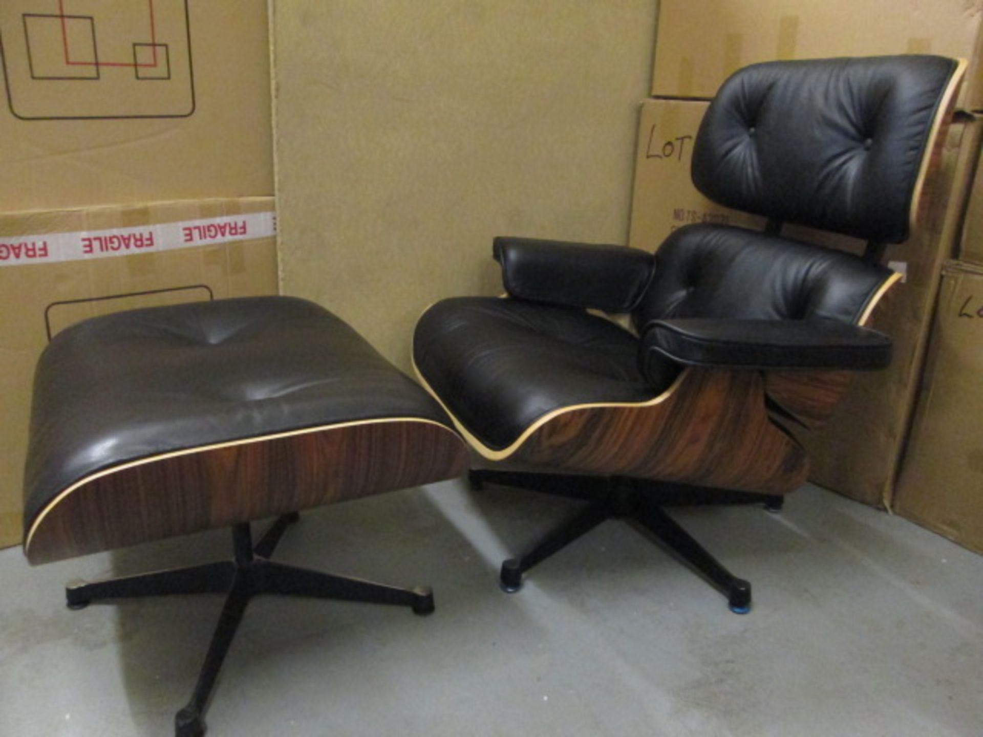 Ex Display - Eames Style Lounger Chair & Ottoman in Black Leather & Rosewood Model TS-A2071. RRP £