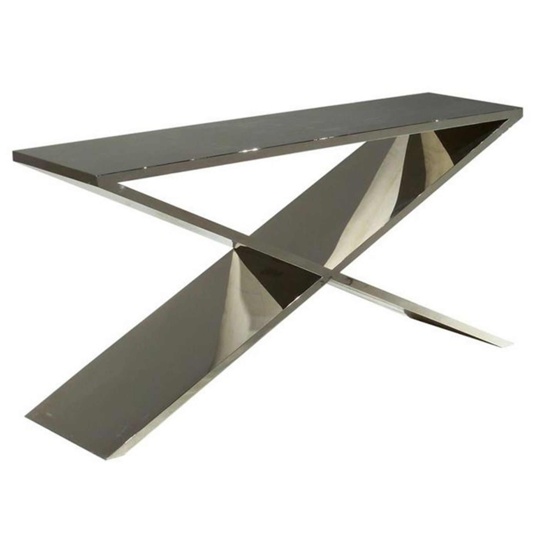 Packaged/As New - Chrome Levitat X Frame Console Table (Model DT041). Size (H) 75cm x (W) 120cm x (