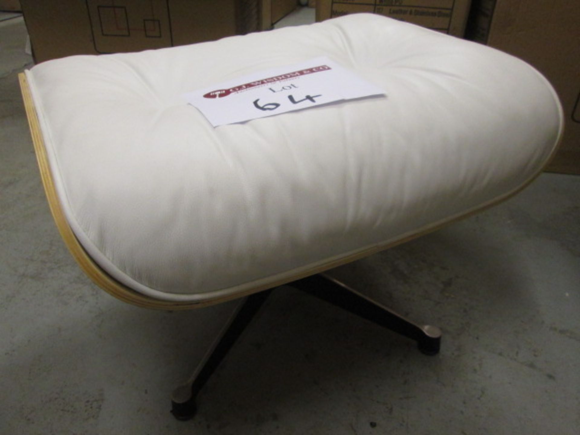 Ex Display - Eames Style Ottoman in Cream Leather & Natural Wood. (As Viewed)