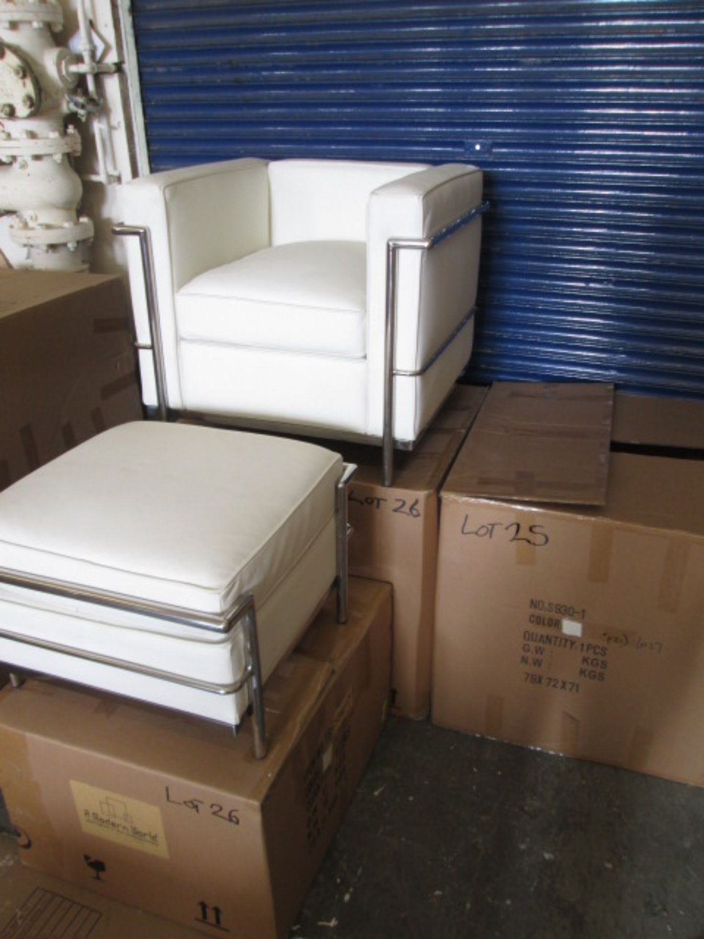 Boxed/As New - Chrome Framed, Cream Leather Arm Chair with Matching Pouffe (2 Boxes Model TS930-1/