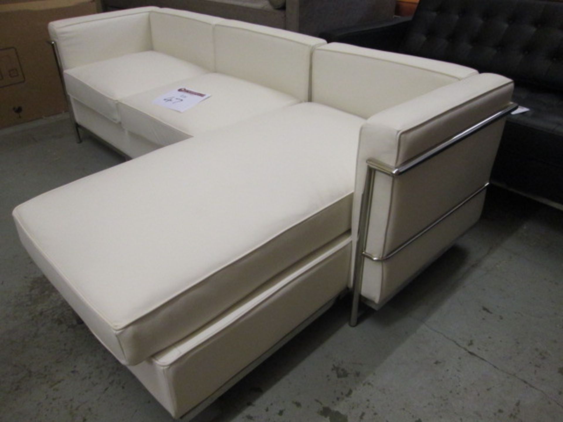 Boxed/As New - Chrome Framed Cream Leather Sofa with Chaise Lounge (2 x Boxes Model TS-S930-L). Size - Image 2 of 4