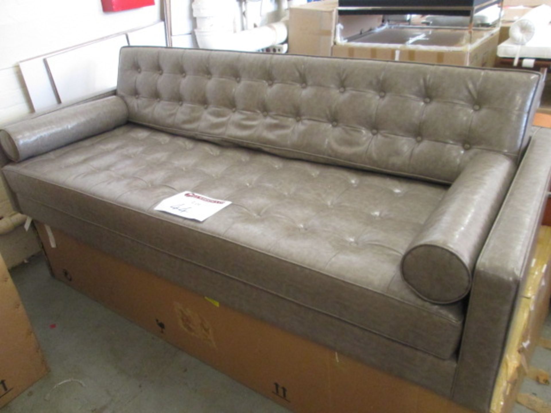 Ex-Display - Grey Faux Leather Sofa with Reversible Cushions (Model TS-384-3). Size (H) 50cm x (W)