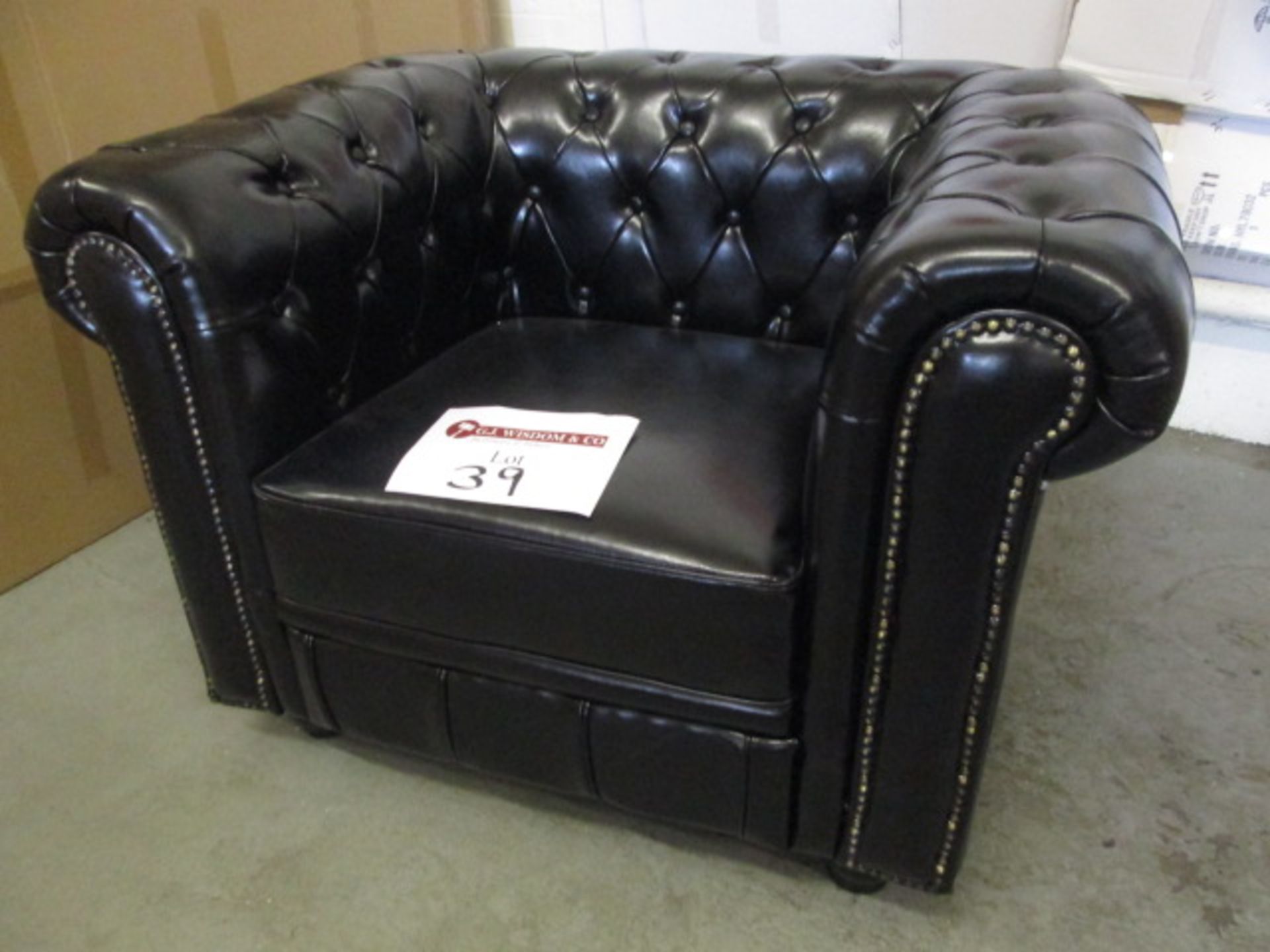 As New/Ex Display - Chesterfield Style Armchair in Black Leather with Wooden Feet. - Image 2 of 3