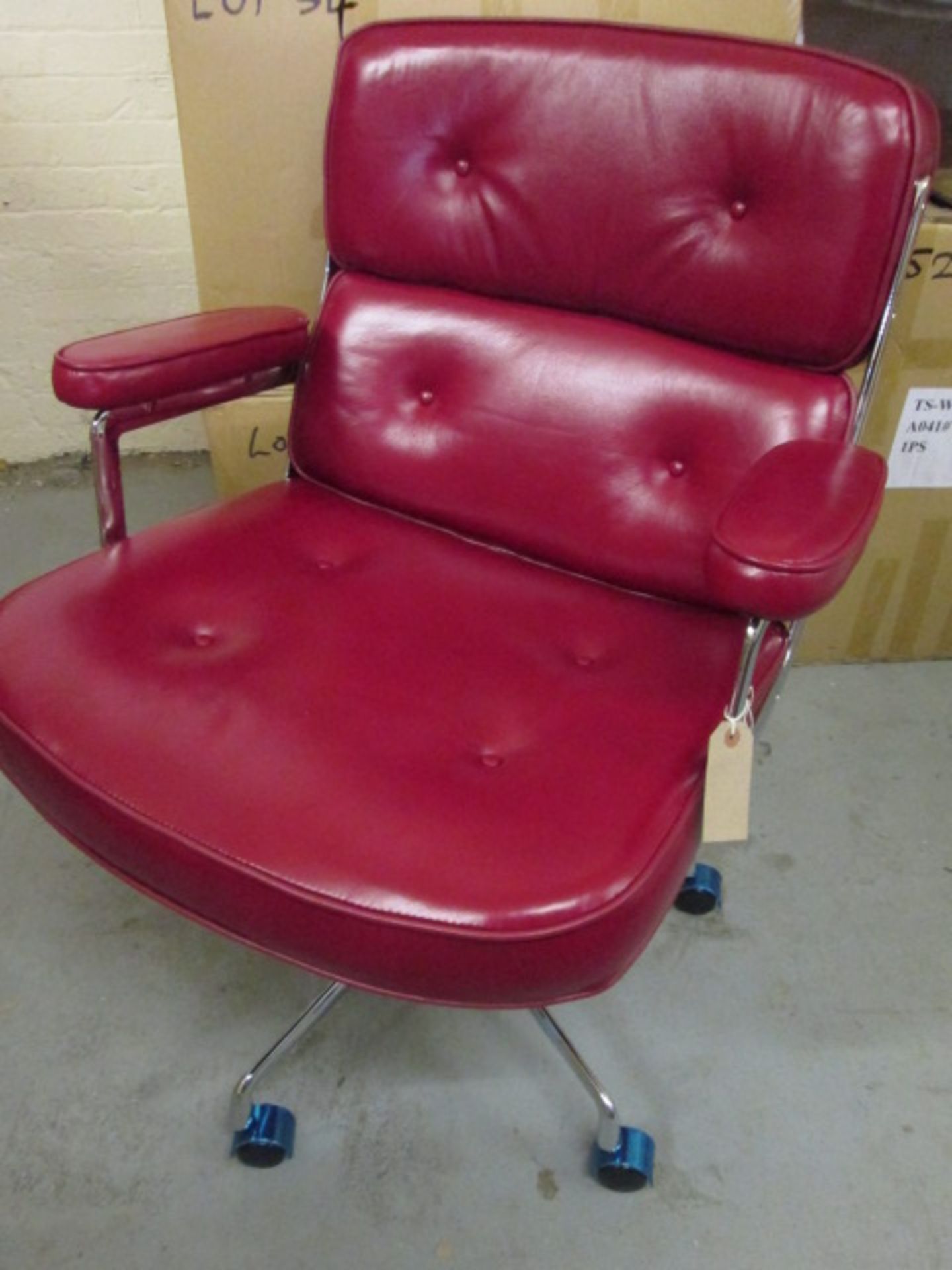 Boxed /As New - Eames Style Lobby Chair in Dark Red Analine Leather & Stainless Steel Office