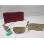 Pair of Cartier Sunglasses in Box Style 140b, Frameless Lense with Wood Arms. S/N 5464408 18.