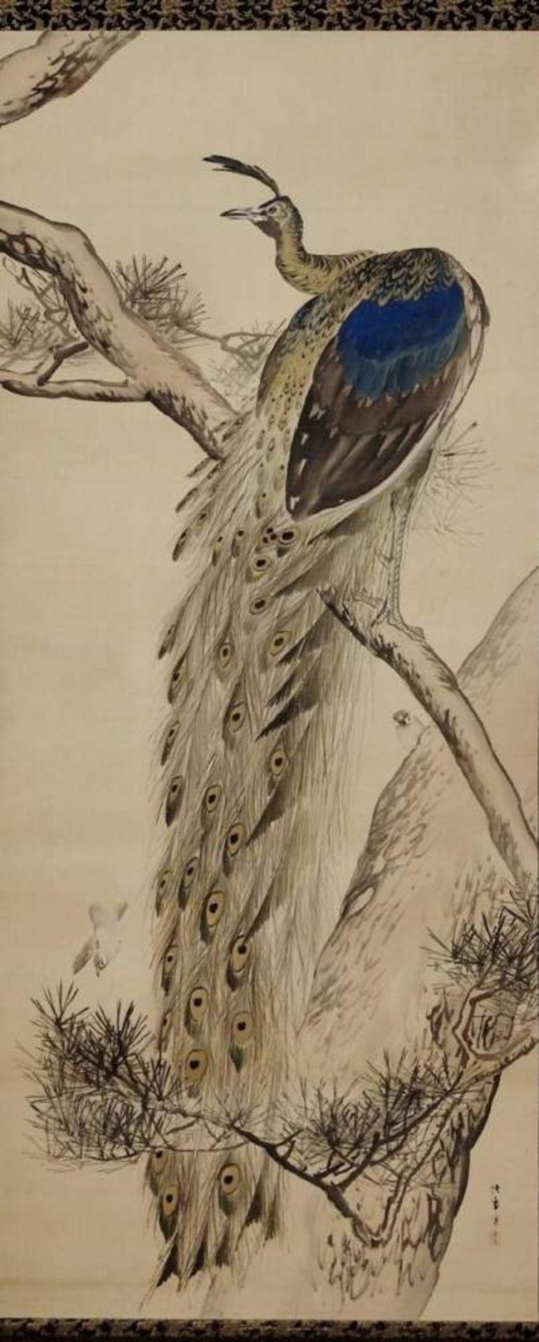 KISHI CHIKUDO (1826–1897): PFAU UND SPATZENMalerei auf Seide. Japan, 19. Jh.Wirkungsvoll im