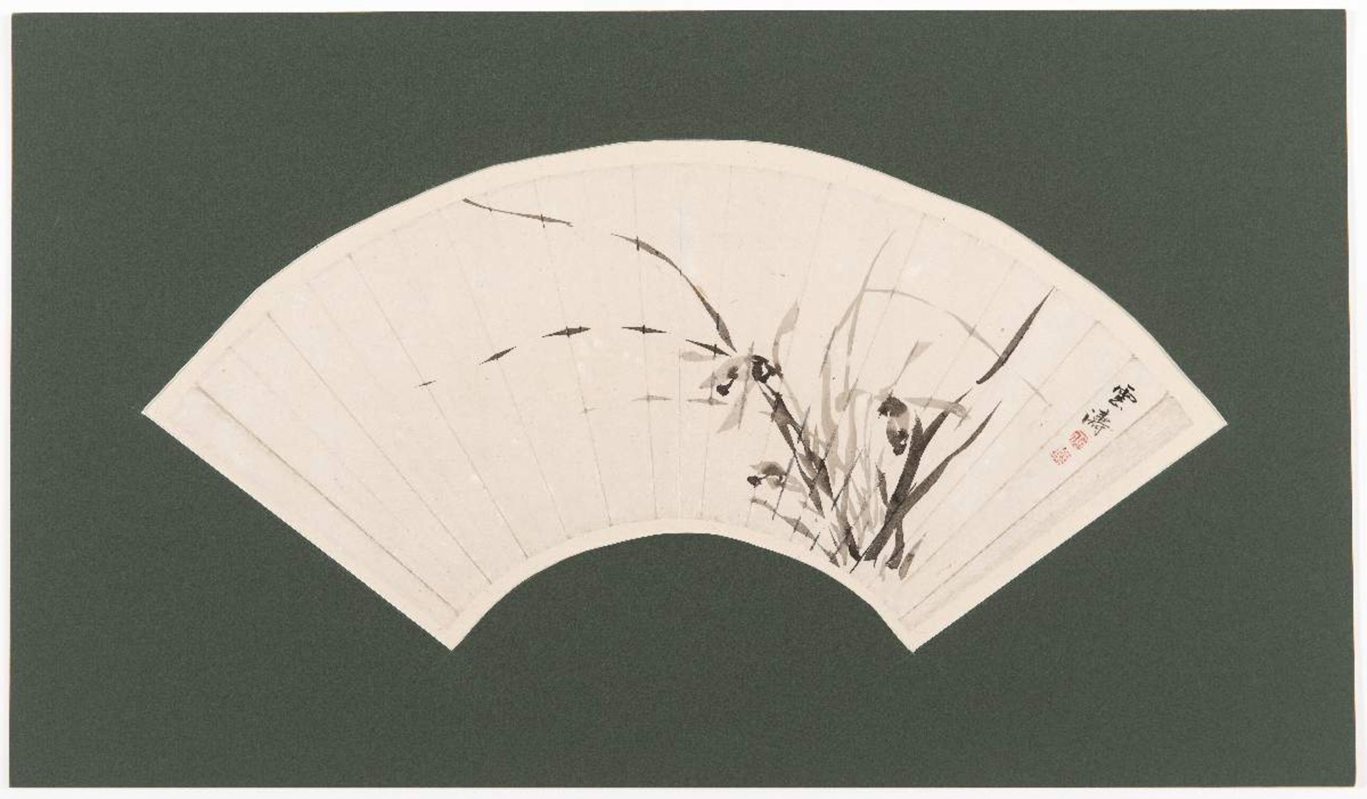 UNTO雲濤: FÄCHERBILD MIT ORCHISTusche und Farben auf Papier. Japan, späte Edo-Zeit, ca. 19. Jh.Auf dem