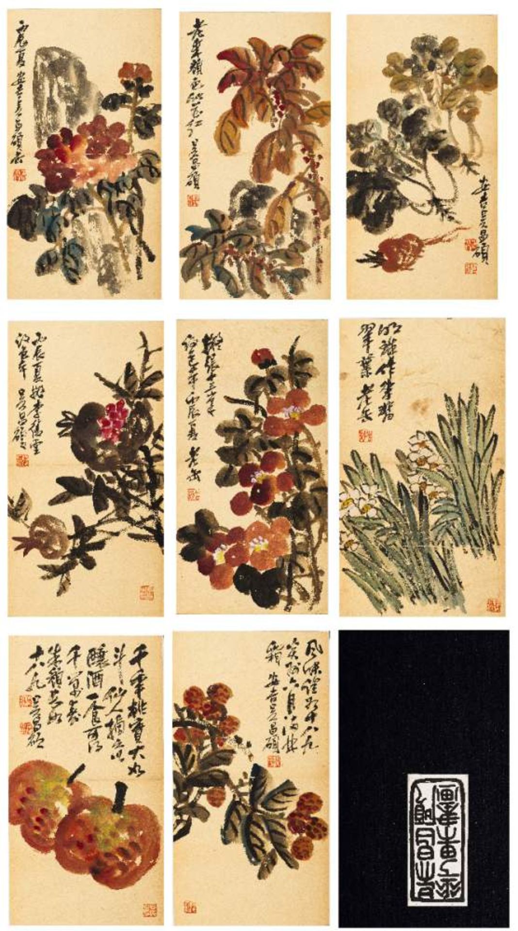 WU CHANGSHUO ZUGESCHRIEBEN: ACHT ALBUMBLÄTTER MIT BLÜTEN UND FRÜCHTENTusche und Farben auf Papier.