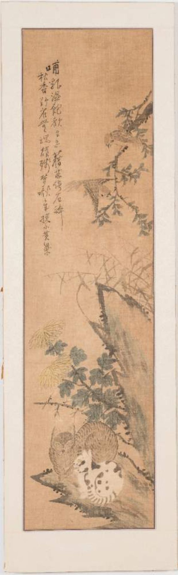 KATZEN AUF FELS, CHRYSANTHEMEN UND SPERLINGETusche und Farben auf Seide. Korea, Choson, 19. Jh.