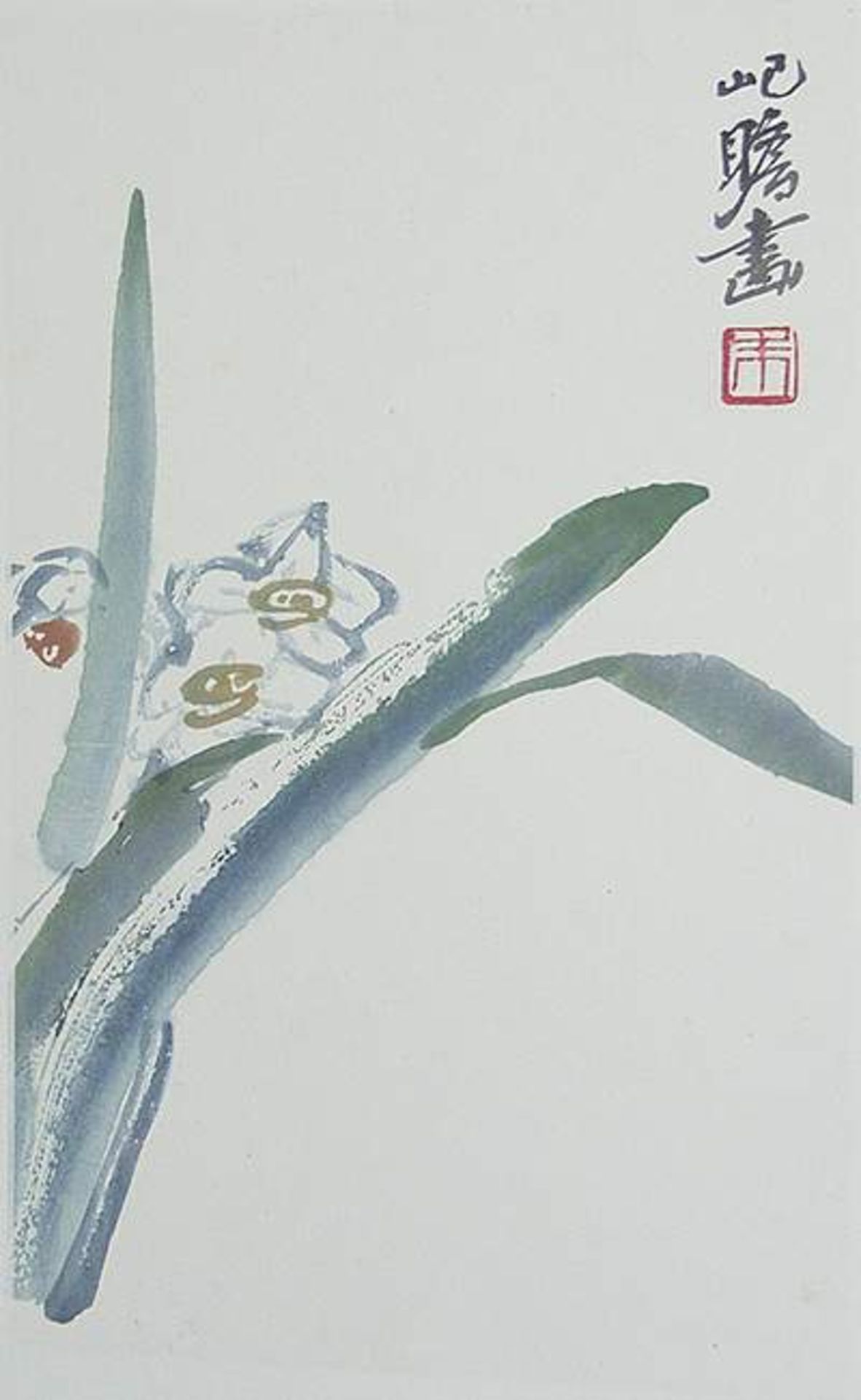 ZHU JIZHANG (20. JH.)Aquarellfarben-Holzschnitt. China, 20th cent.Darstellung einer Narzisse mit der - Image 2 of 2