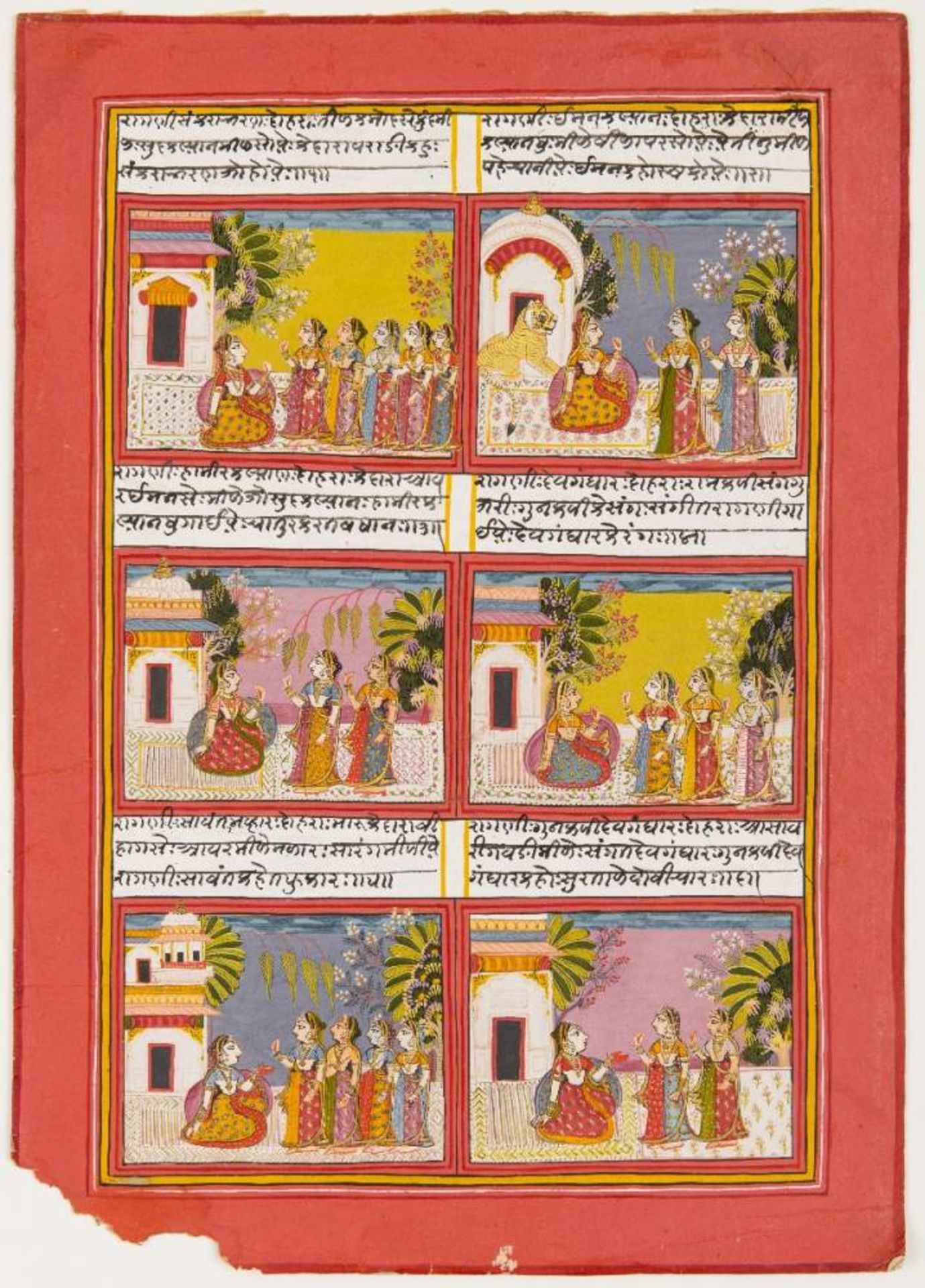 PAVILLONS UND NOBLE DAMENMiniatur-Malerei mit Farben und Gold. Indien, um 1800Großes Blatt mit sechs