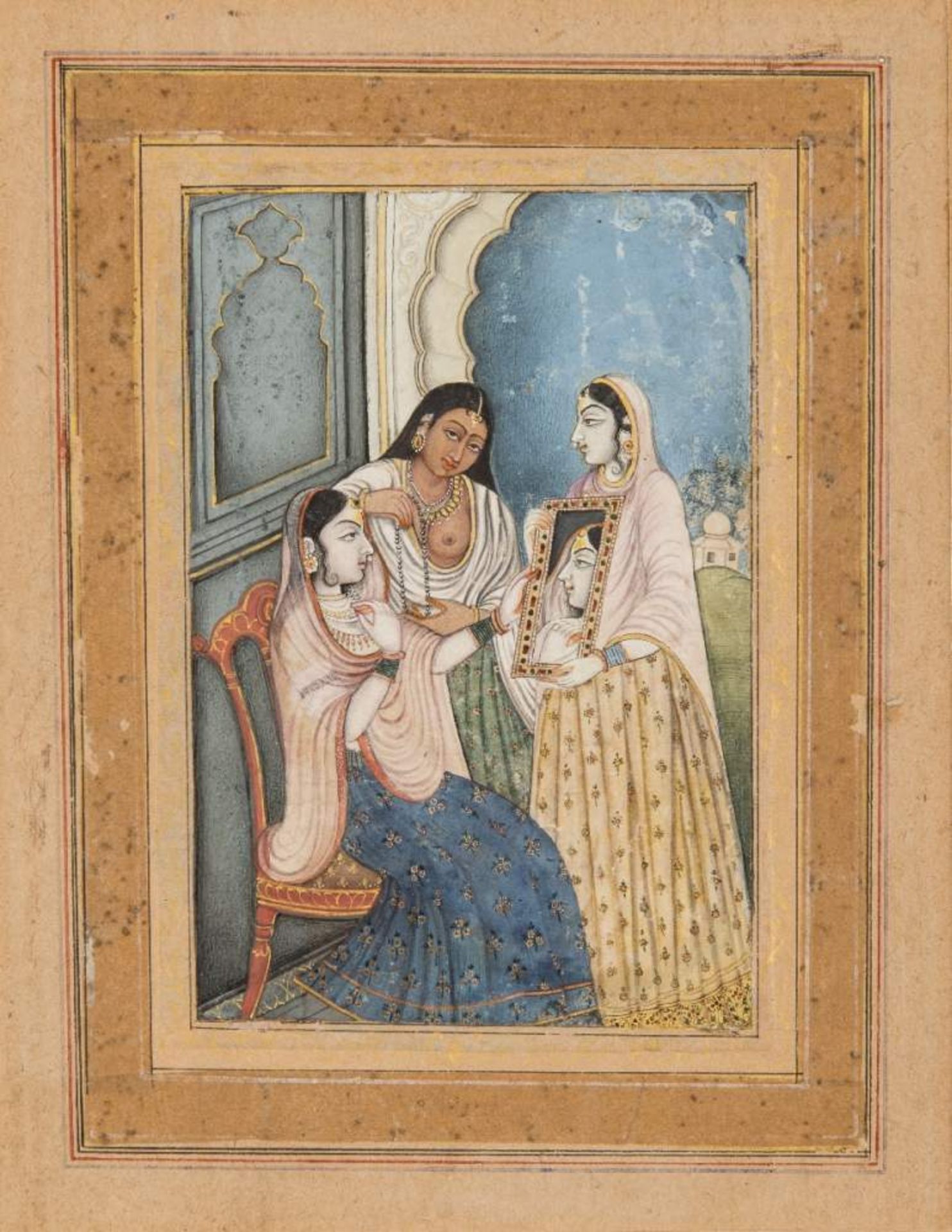 NOBLE DAME BETRACHTET SICH IM SPIEGELMiniatur-Malerei mit Farben und etwas Gold. Indien, 19. Jh.