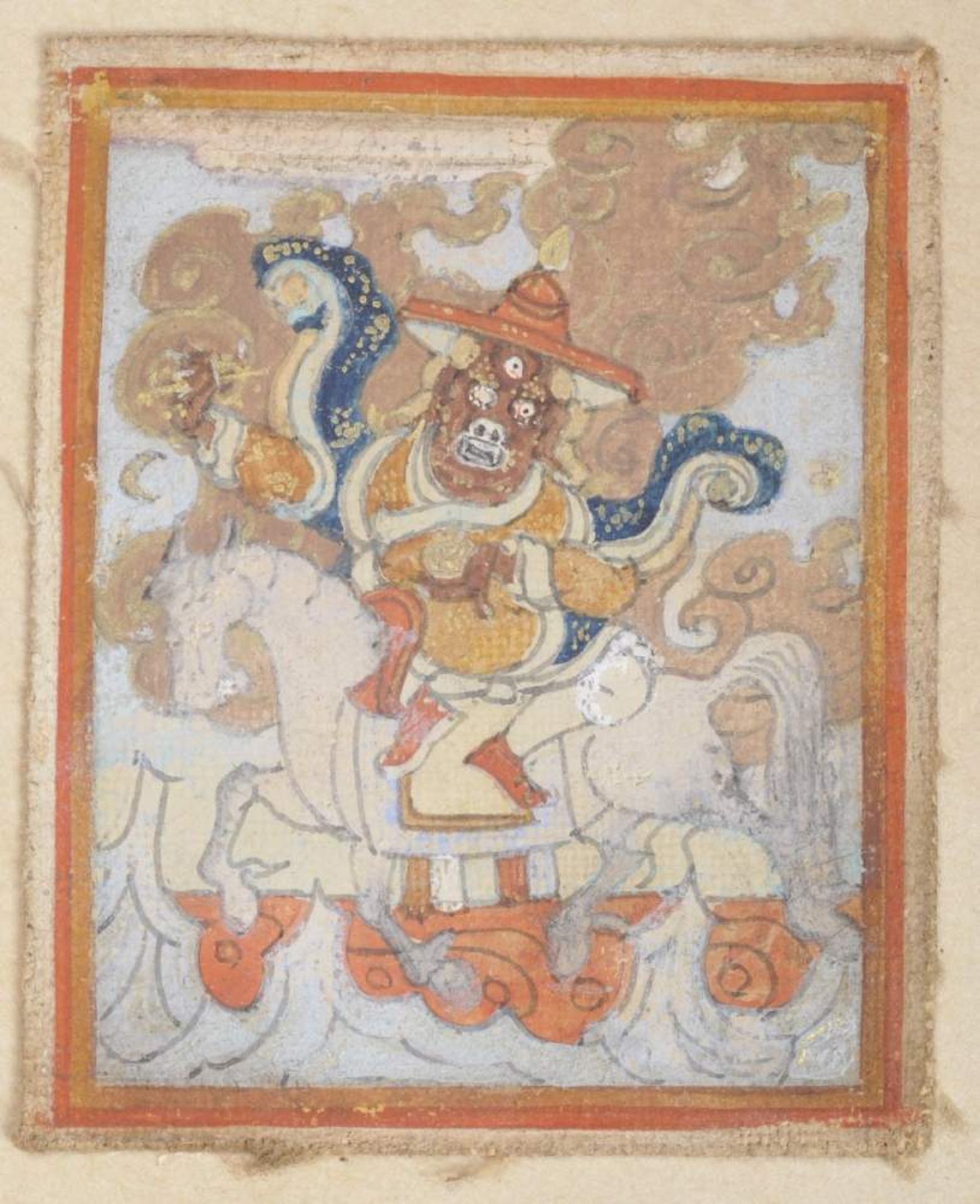 THANGKA-MINIATUR MIT VAJRASADHUFarben auf Gewebe. Tibet, 19. bis frühes 20. Jh.Vajrasadhu,