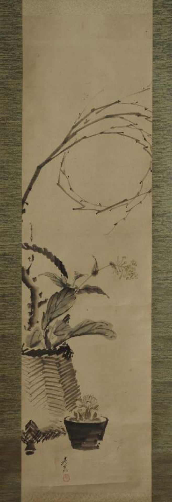 SHIBATA ZESHIN: BLUMENKORB UND KAKTUSTusche und leichte Farben auf Papier. Jikusaki aus poliertem