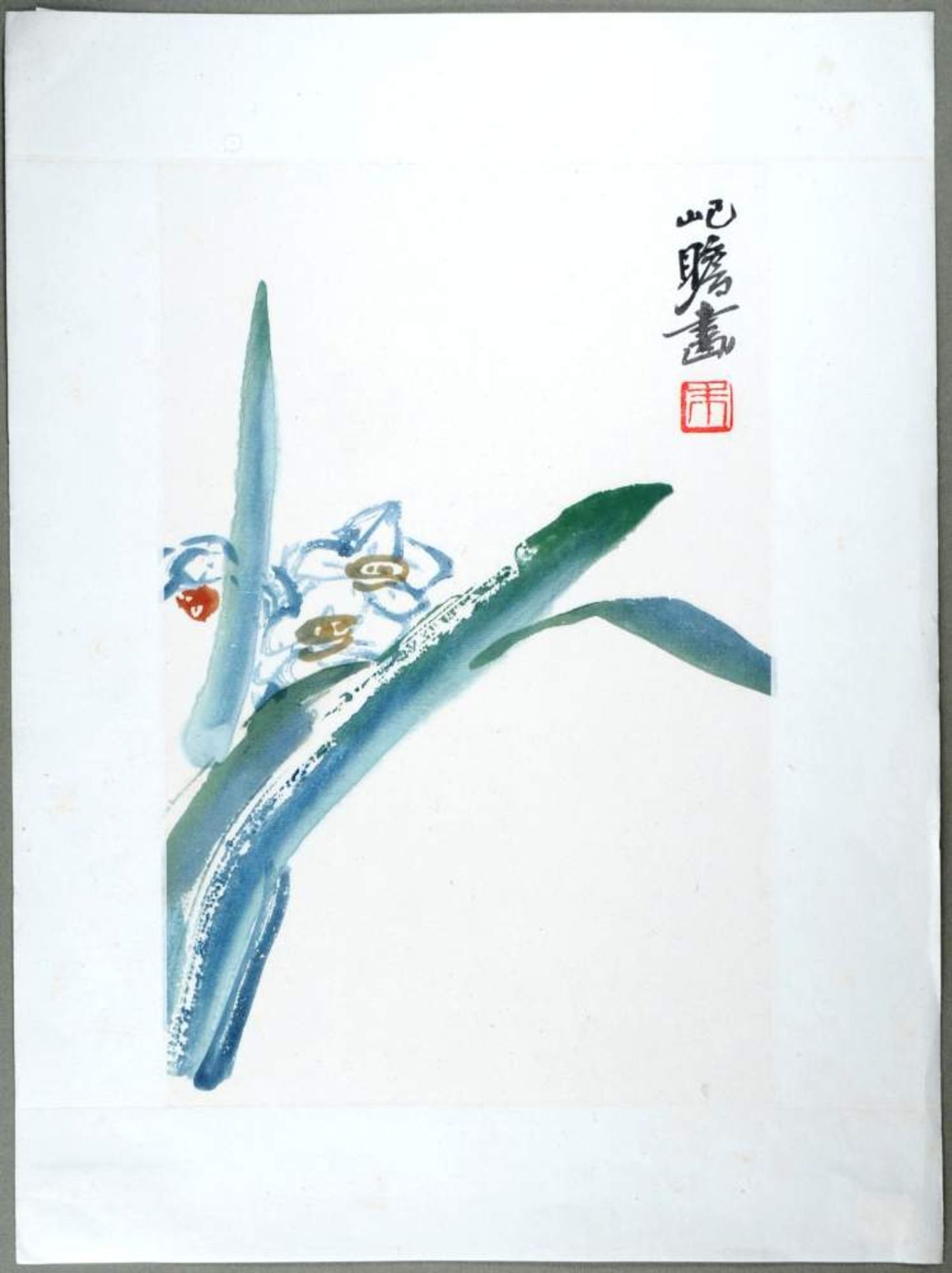 ZHU JIZHANG (20. JH.)Aquarellfarben-Holzschnitt. China, 20th cent.Darstellung einer Narzisse mit der