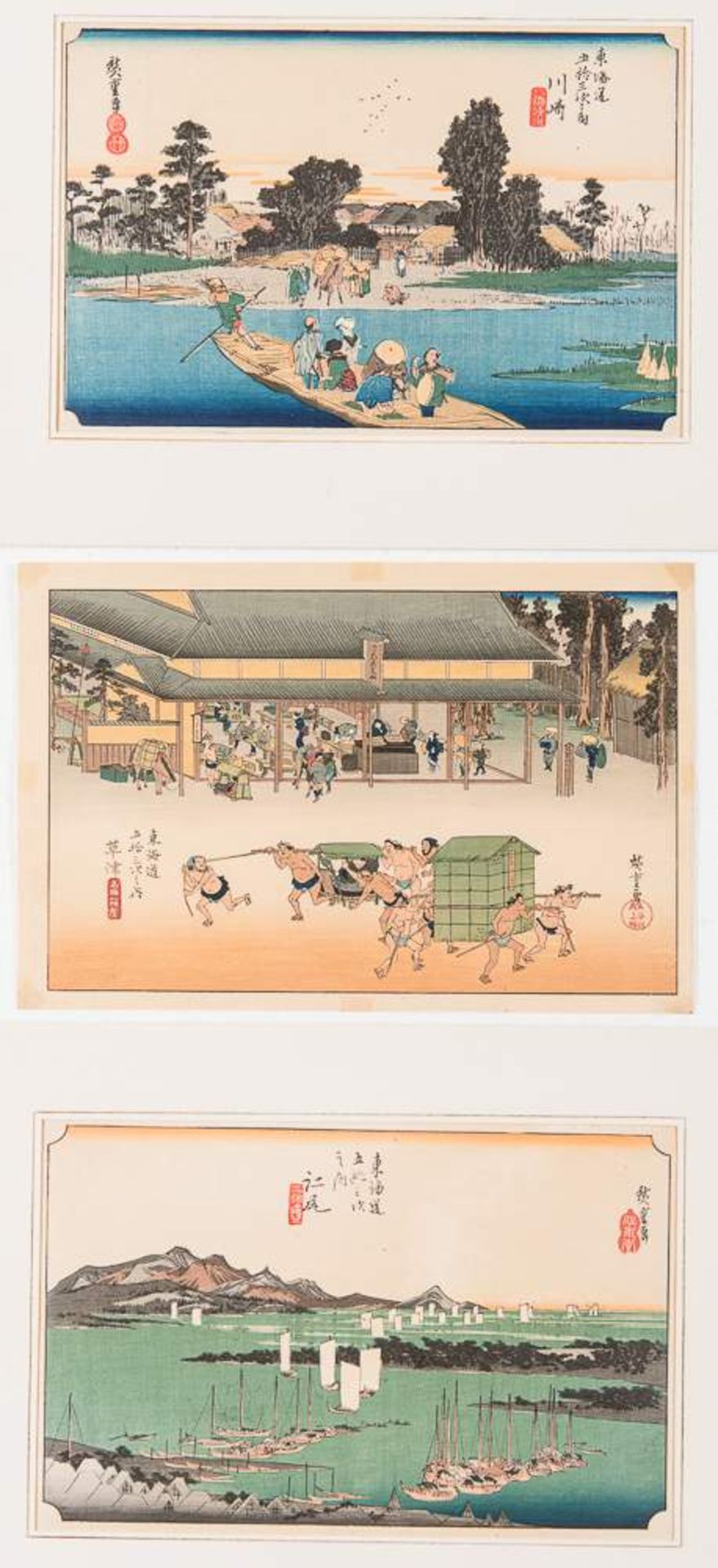 DREI HARBHOLZSCHNITTE VON UTAGAWA HIROSHIGE (1797 - 1858) Kawazaki (2. Fassung). Original-