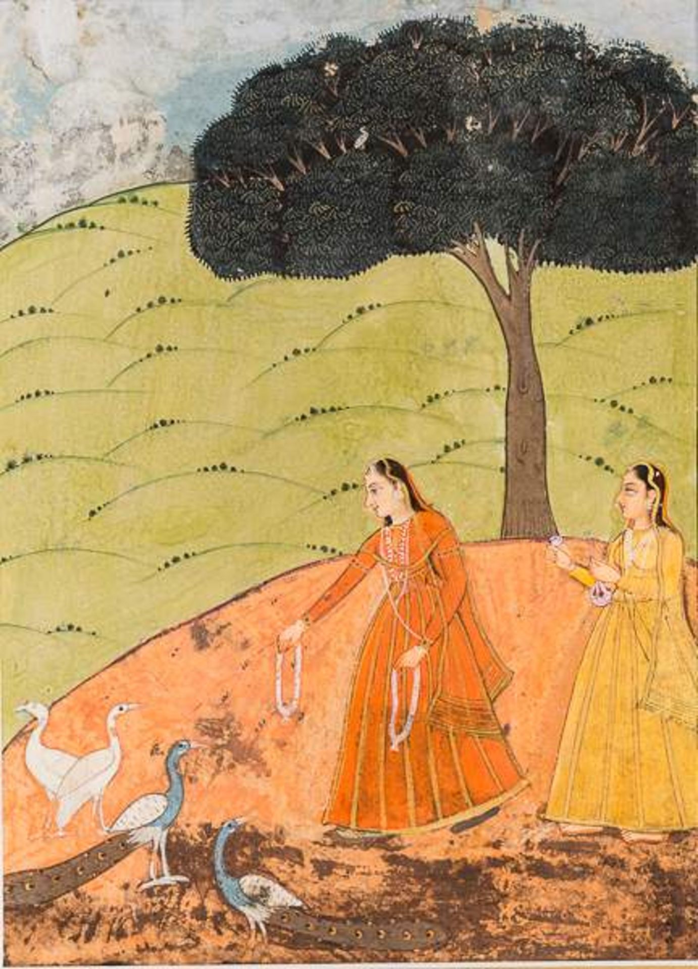 KAKUBHA DAME MIT DIENERIN UND PFAUEN Miniaturmalerei mit Farben und Gold. Indien, Diskan-Schule