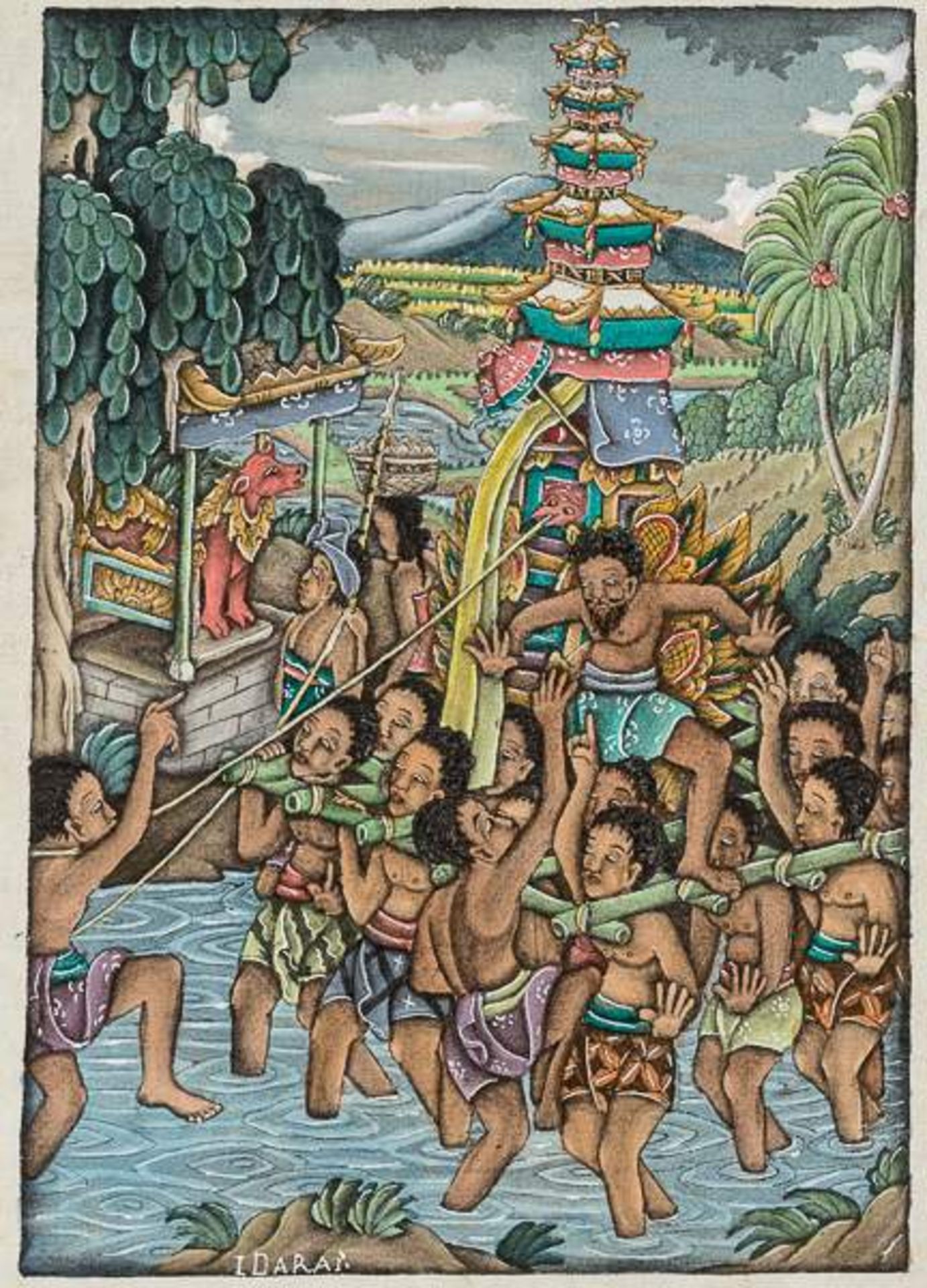 NACKTES MÄDCHEN UND JUNGER FISCHER Farbige Malerei auf Leinwand. Indonesien, Bali, 20. Jh. Der junge