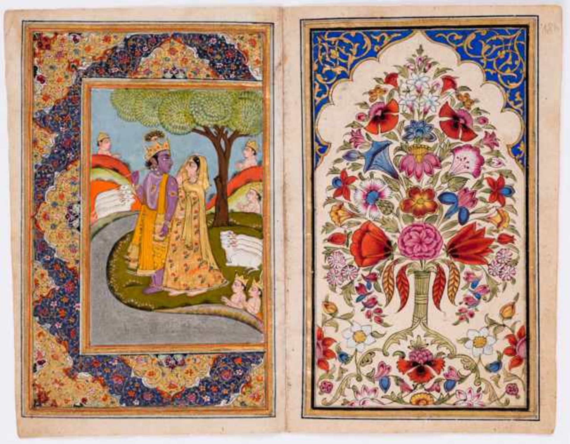 KRISHNA UND RADHA Miniatur-Malerei mit Farben und Gold auf Papier. Nordindien, Kashmir, um Mitte 19.