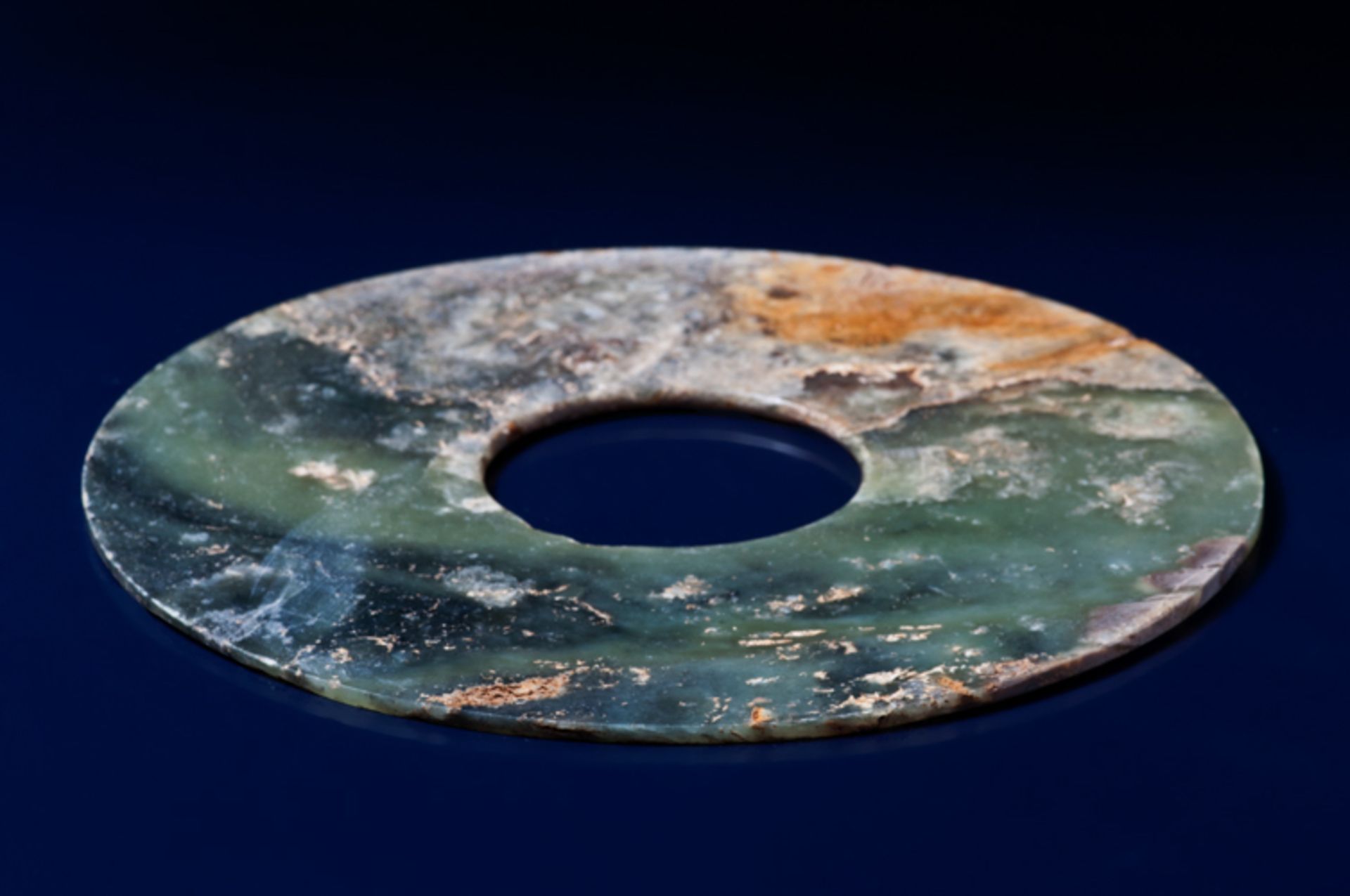 BI DISCJade. China, Late Neolithic period, early Bronze age, c.2000 BCThis fine disc is carved - Image 6 of 6