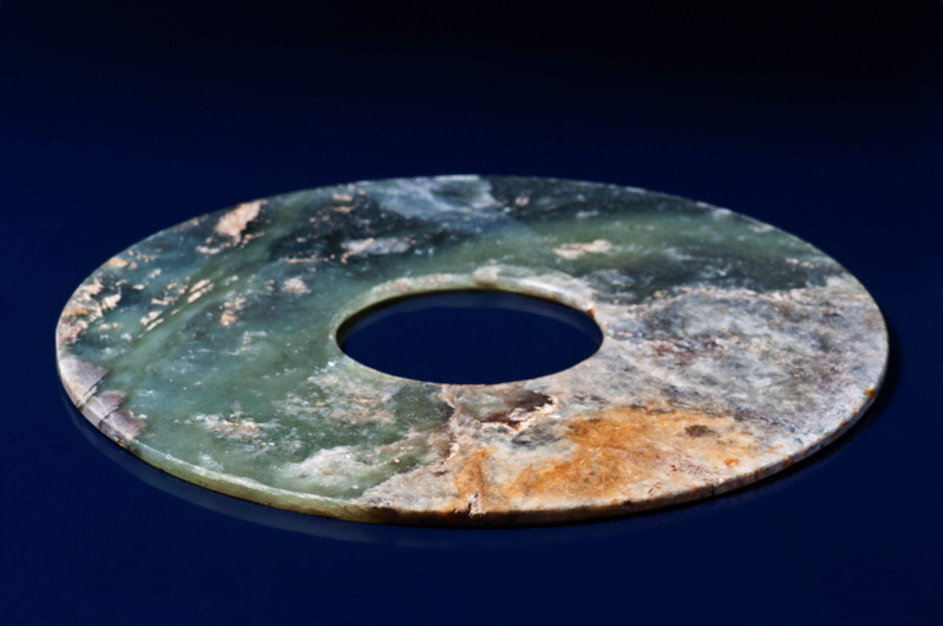 BI DISCJade. China, Late Neolithic period, early Bronze age, c.2000 BCThis fine disc is carved - Image 5 of 6