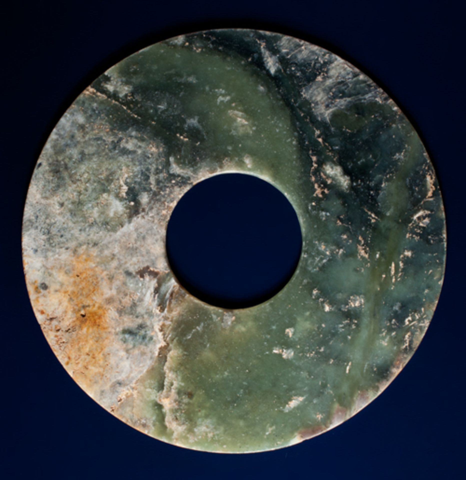 BI DISCJade. China, Late Neolithic period, early Bronze age, c.2000 BCThis fine disc is carved - Image 2 of 6