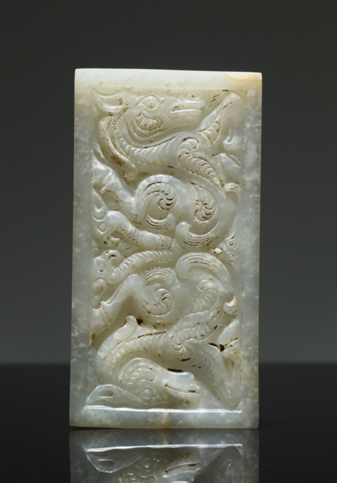 PAIR OF PLAQUES IN WHITE JADE IN THE STYLE OF THE STEPPEJade. China, Early Western Han period, 2nd – - Image 2 of 7