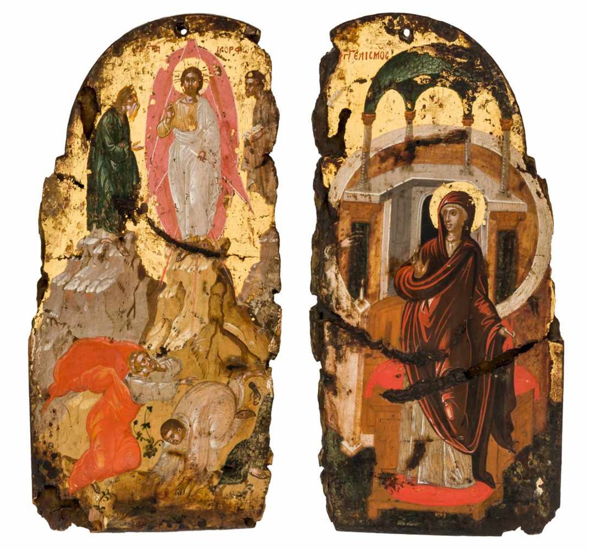 * Verkündigung & Verklärung Jesu Fragment eines griechischen Triptychons, frühes 17. Jahrhundert