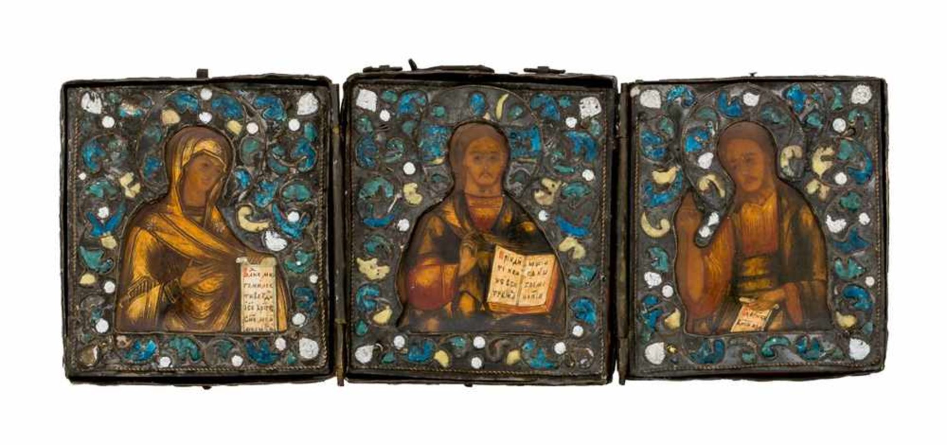 * Deesis Russisches Triptychon, 19. Jahrhundert 6,5 x 17,4 cm (geöffnet) Provenienz: Britische