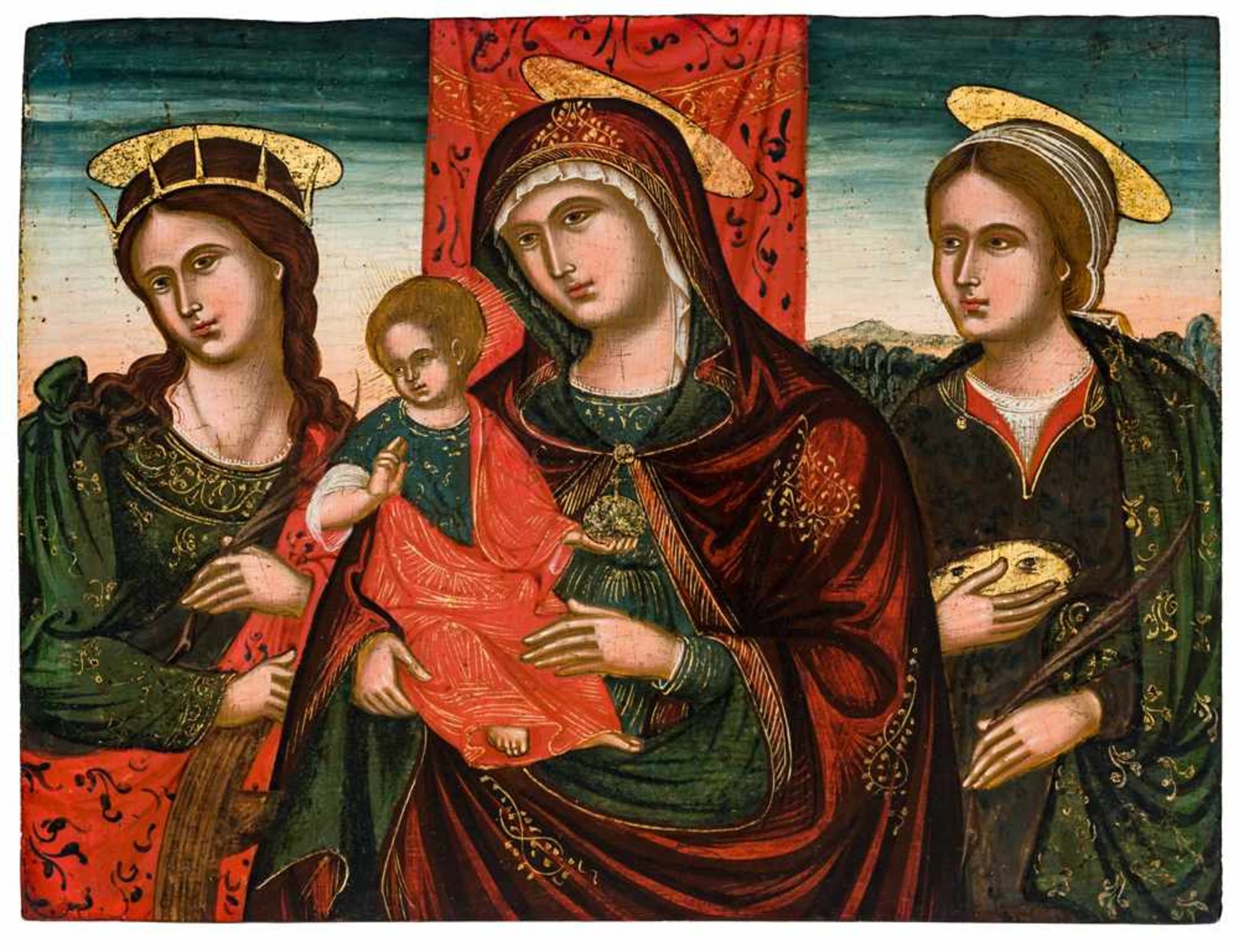 * Hl. Katharina, Gottesmutter, Hl. Lucia Italo-kretische Ikone, um 1600 35,5 x 47 cm Die gut