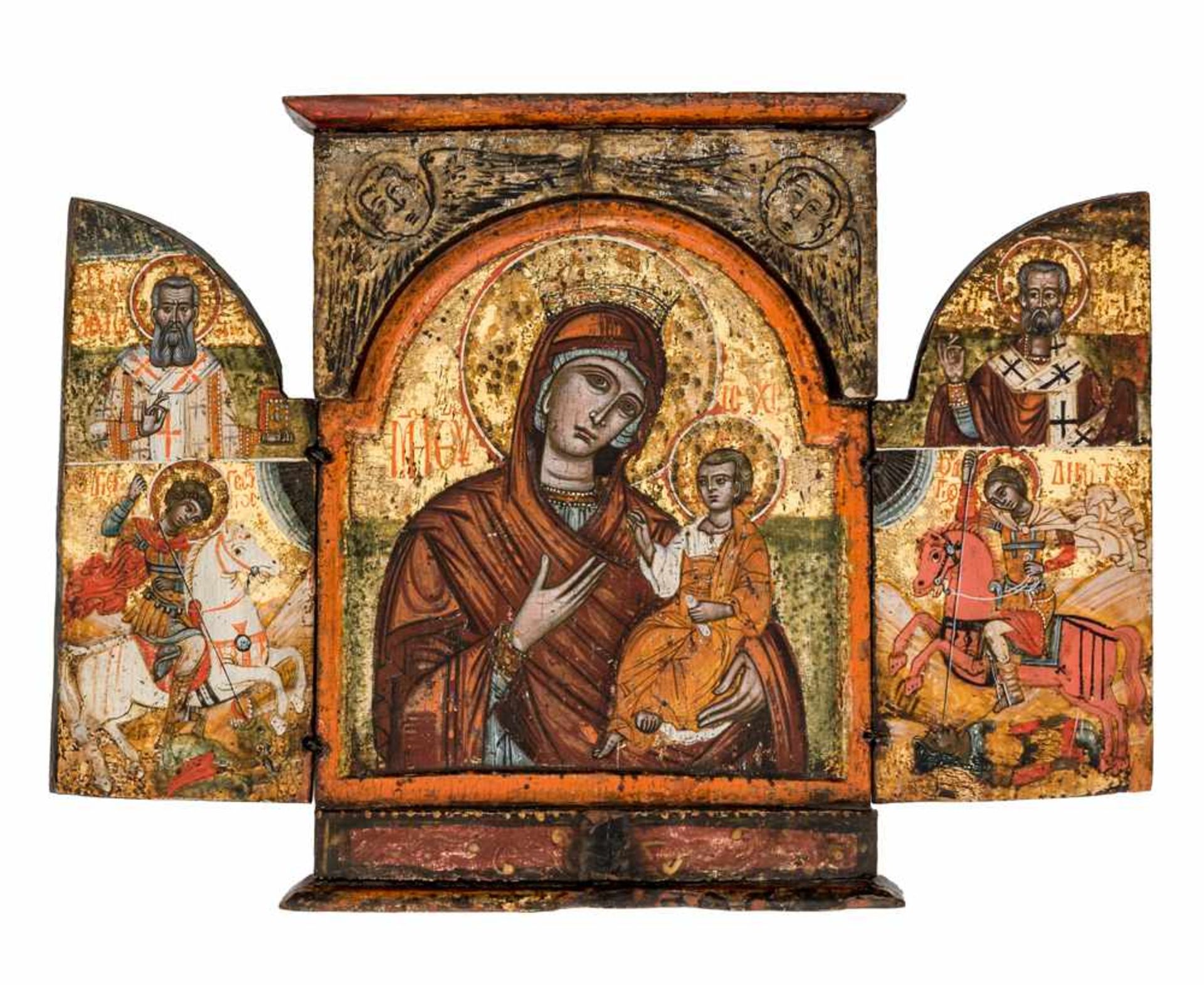 * Gottesmutter Hodigitria Griechisches Triptychon, frühes 19. Jh. 28,5 x 19,7 cm (geöffnet 28,5 x