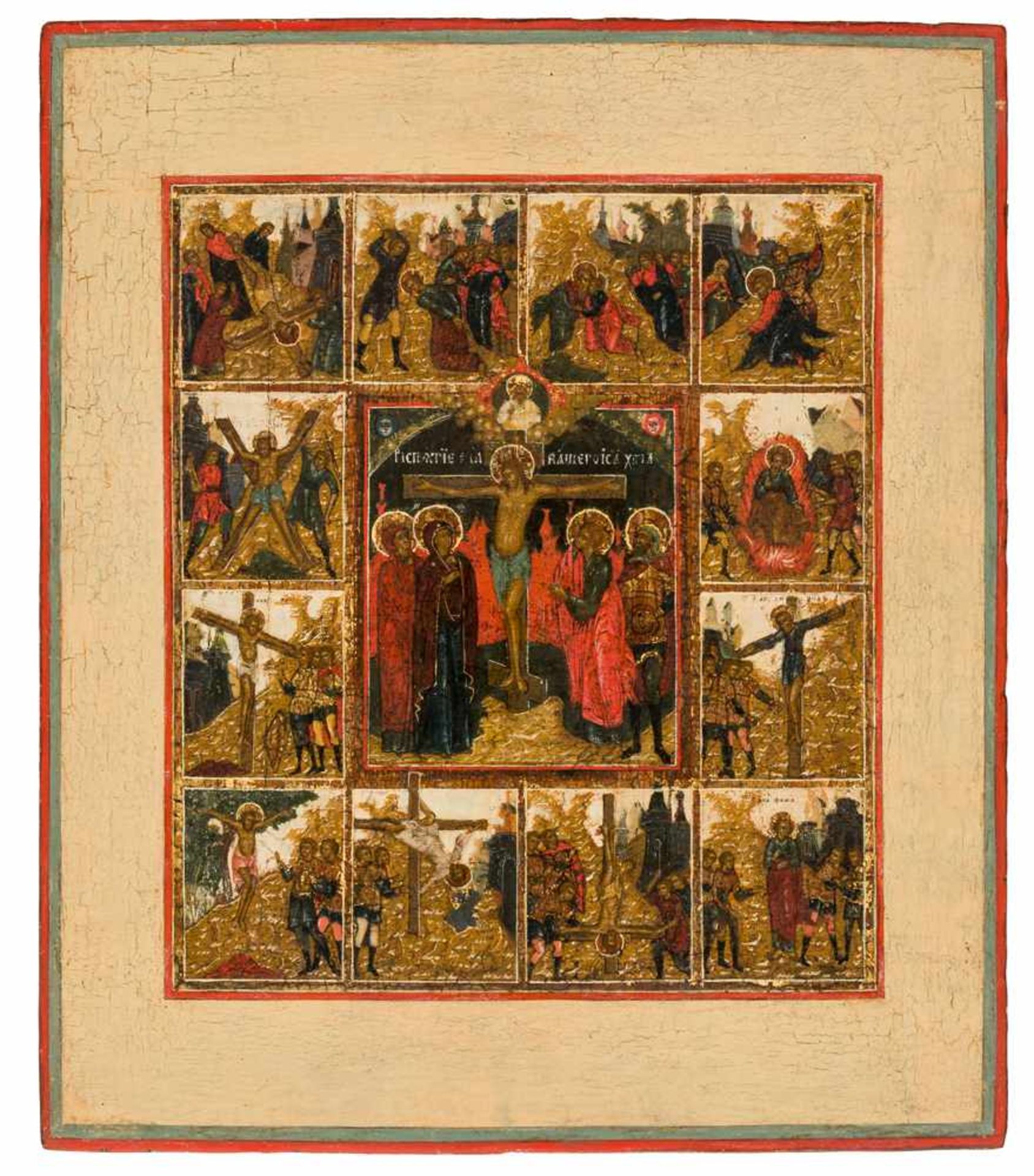 * Passion der Apostel Russische Ikone, um 1800 35,5 x 30,5 cm Die Ikone zeigt im Zentrum die - Image 2 of 2