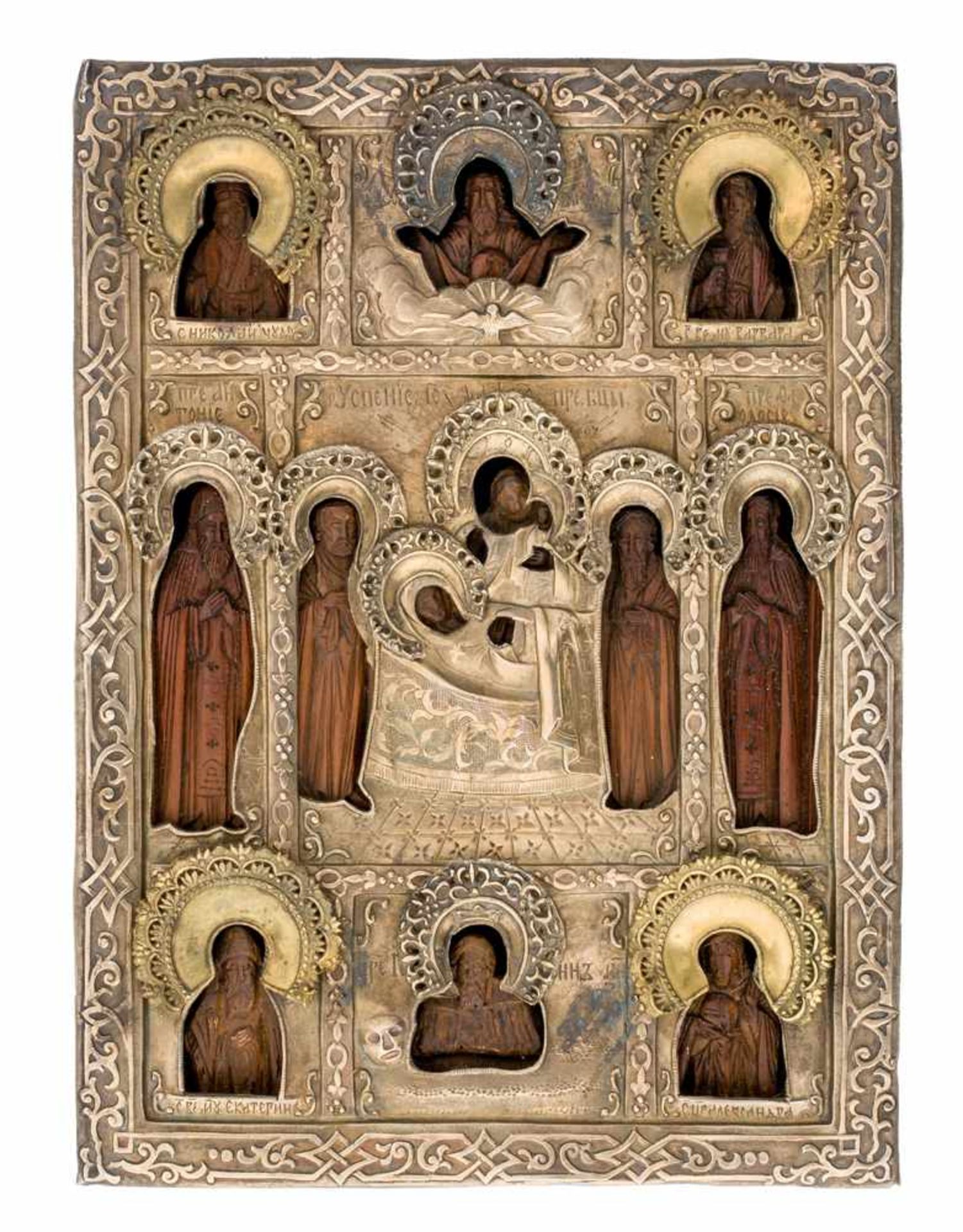 * Entschlafung der Gottesmutter und Heilige Geschnitzte Ikone mit Silberoklad, St. Petersburg