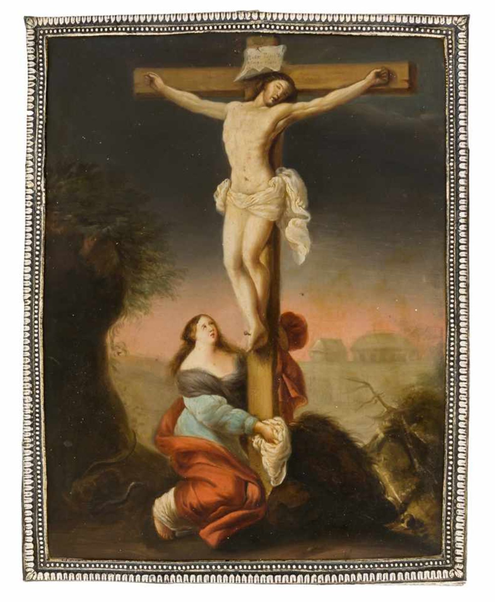 * Kreuzigung Jesu Russische Ikone auf Kupfer, datiert 1760, mit Silberbasma, Moskau 1814 Beschau-