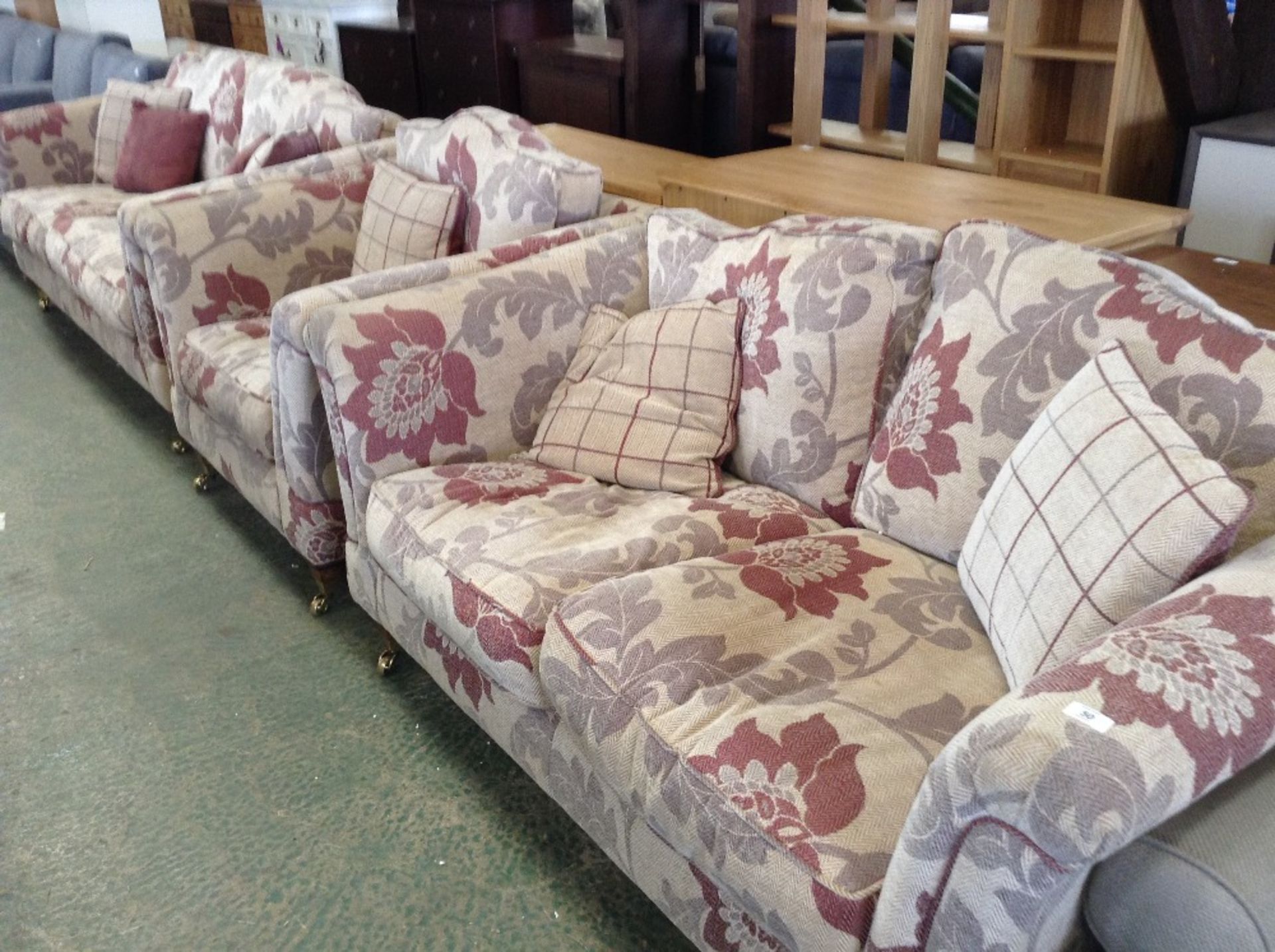 NATURAL AND RED FLORAL PATTERNED 3 SEATER SOFA, 2