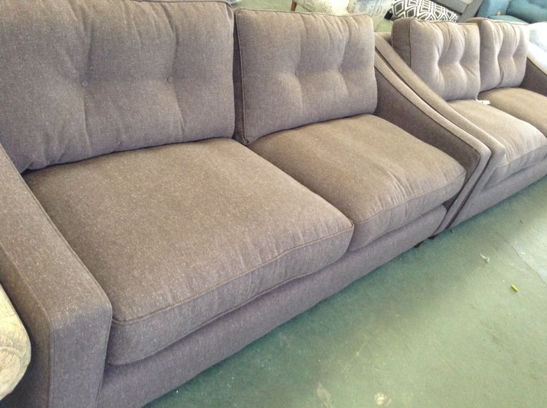 2 x BROWN BUTTON BACK 3 SEATER SOFAS