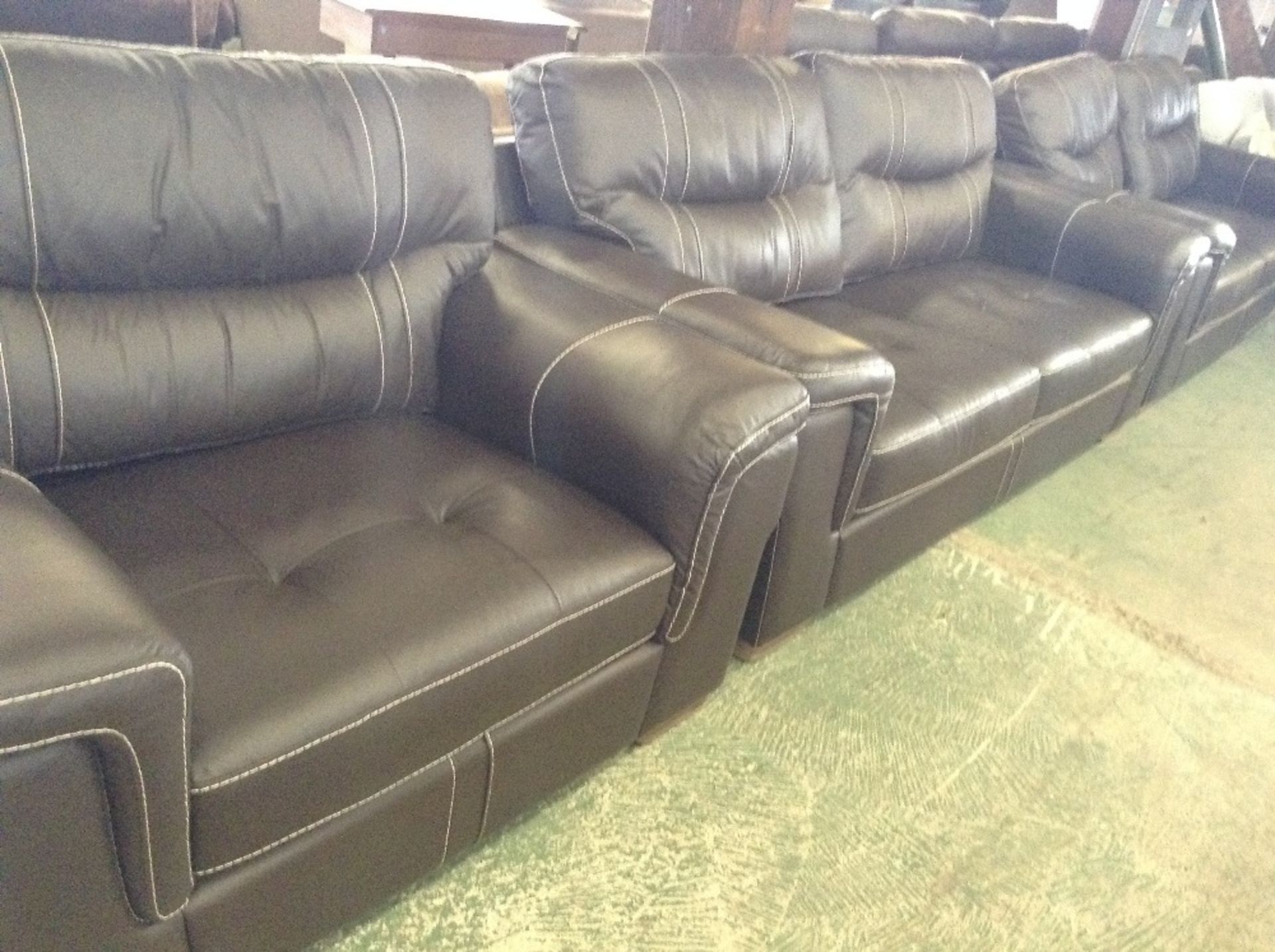 BROWN LEATHER WITH WHITE STITCH 2 x 3 SEATER SOFAS