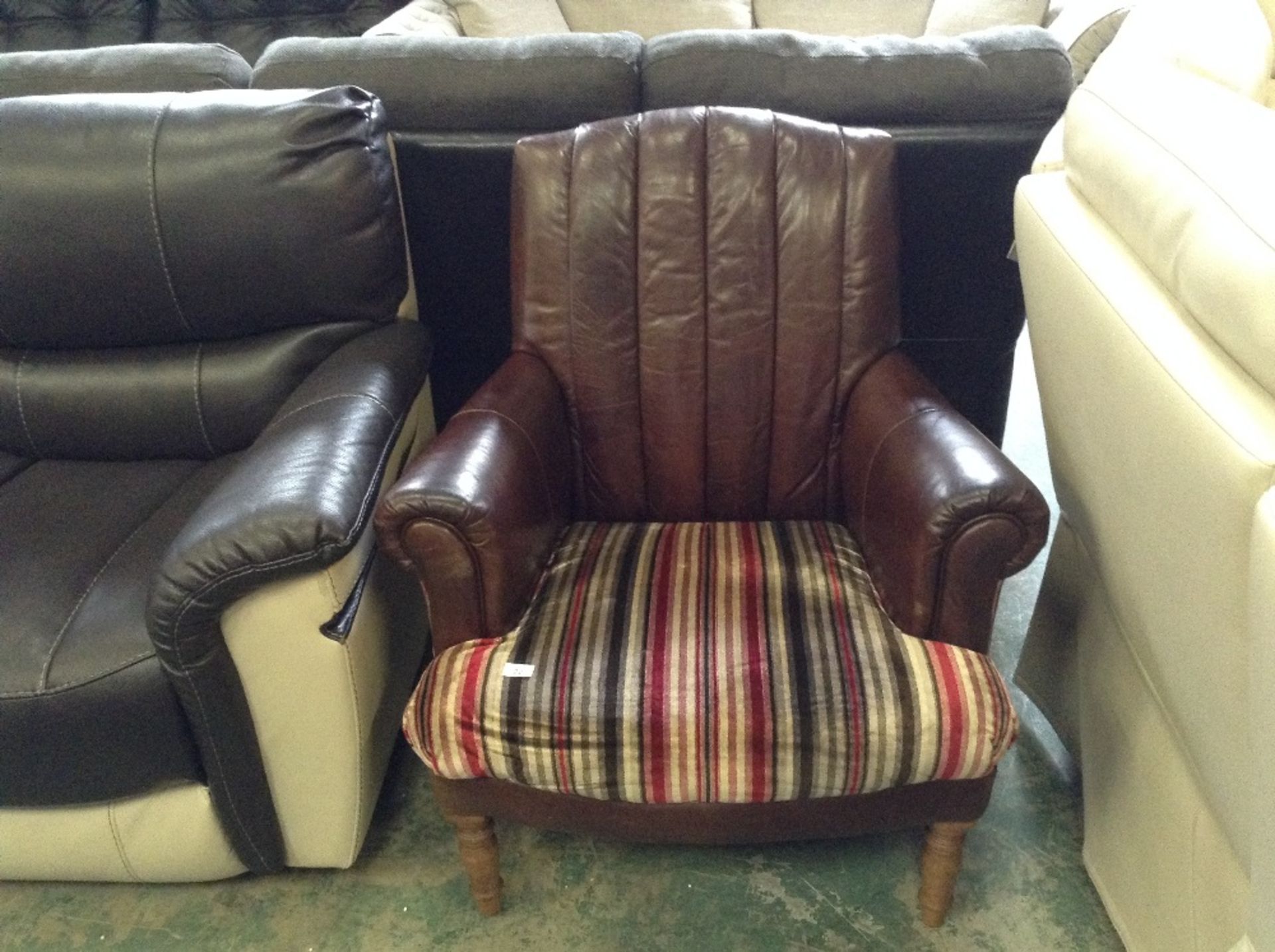 BROWN LEATHER WITH MULTI-COLOURED FABRIC SEAT WING